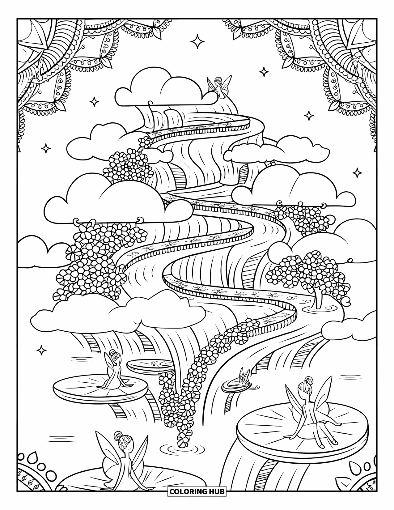 Feeënhuis Kleurplaat voor Volwassenen: Een dromerig drijvend feeëneiland met trapsgewijze watervallen en feeën die rusten op waterlelies