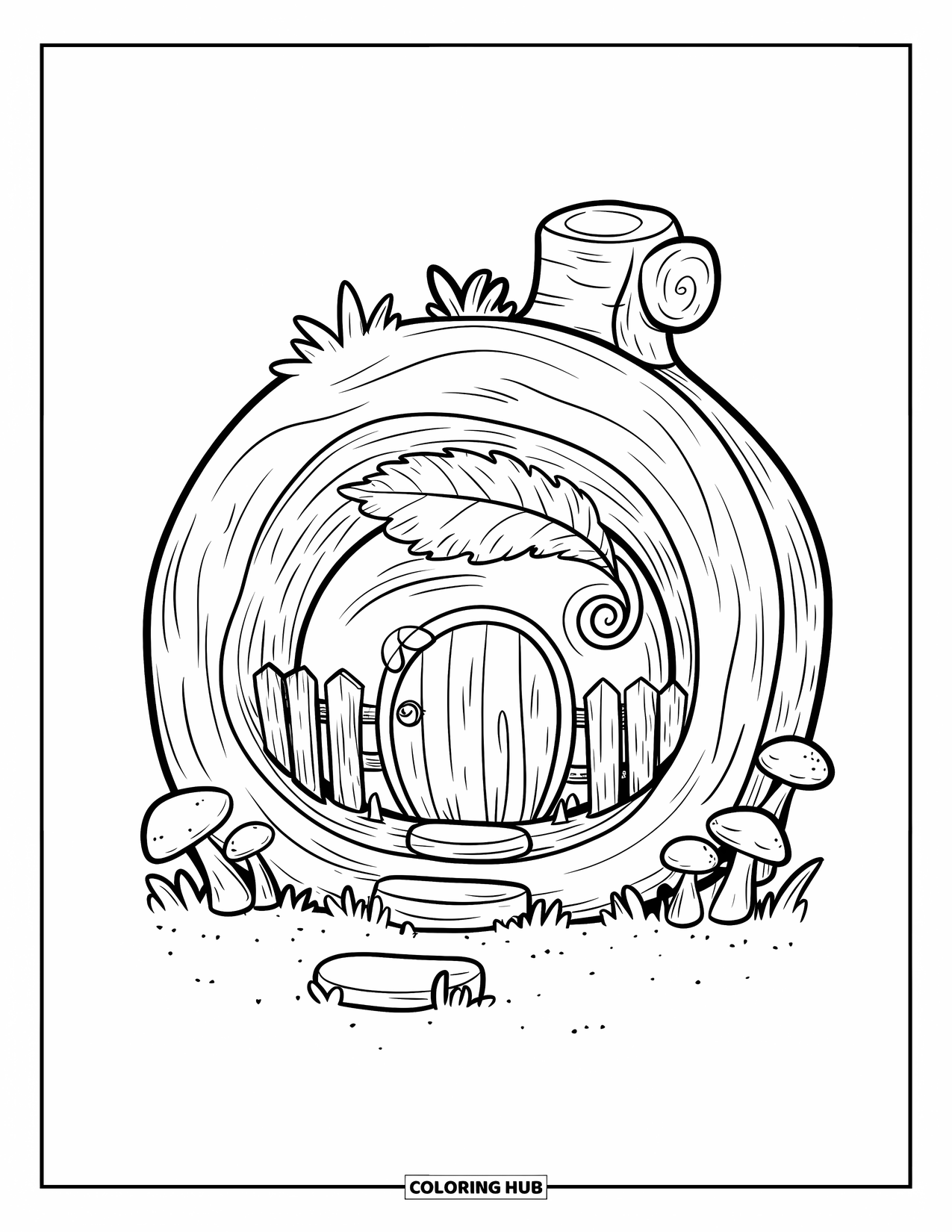 Feeënhuis Kleurplaat voor Volwassenen: Een feeënhuis uitgehouwen in een holle boomstam, met een gekruld bladerdak en een stenen pad