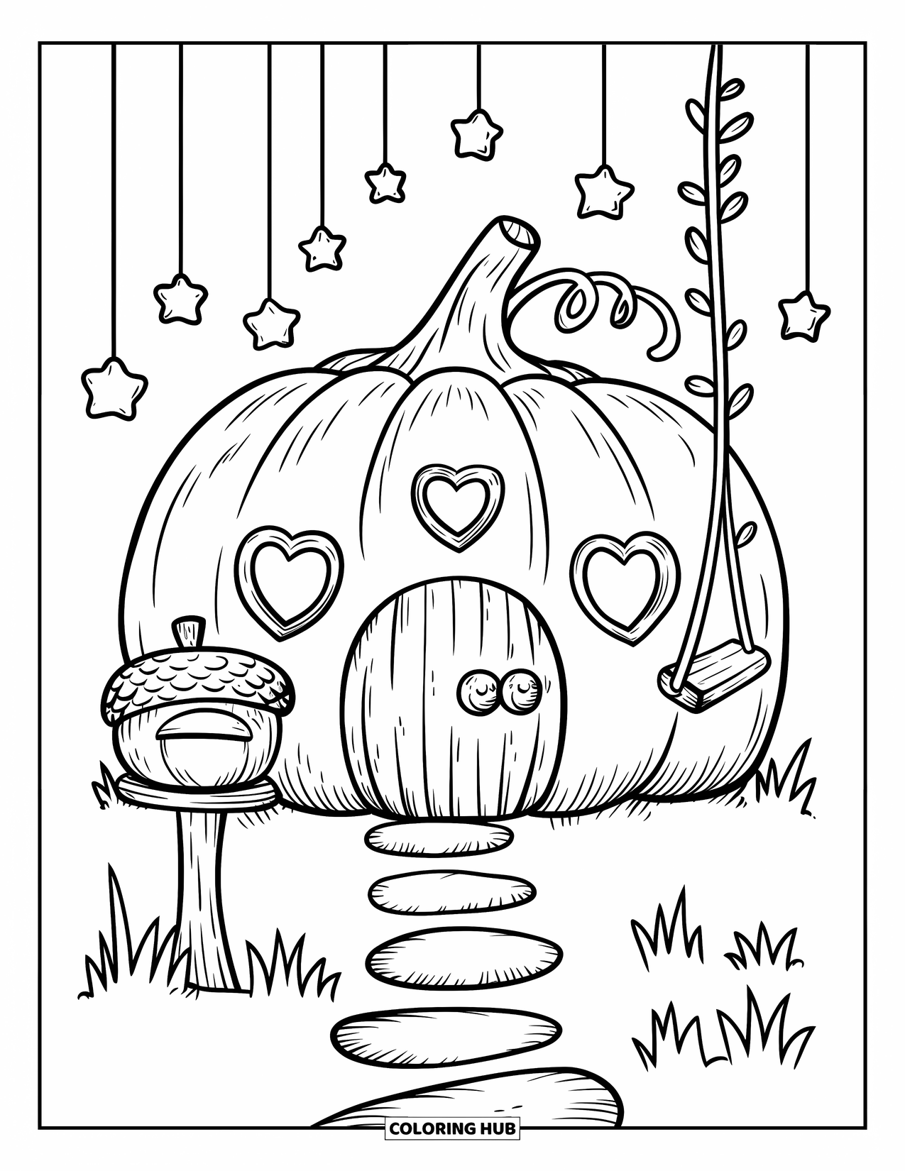 Feeënhuis Kleurplaat voor Volwassenen: Een feeënhuis in een pompoen met een houten deur, hangende lantaarns en een liaanschommel
