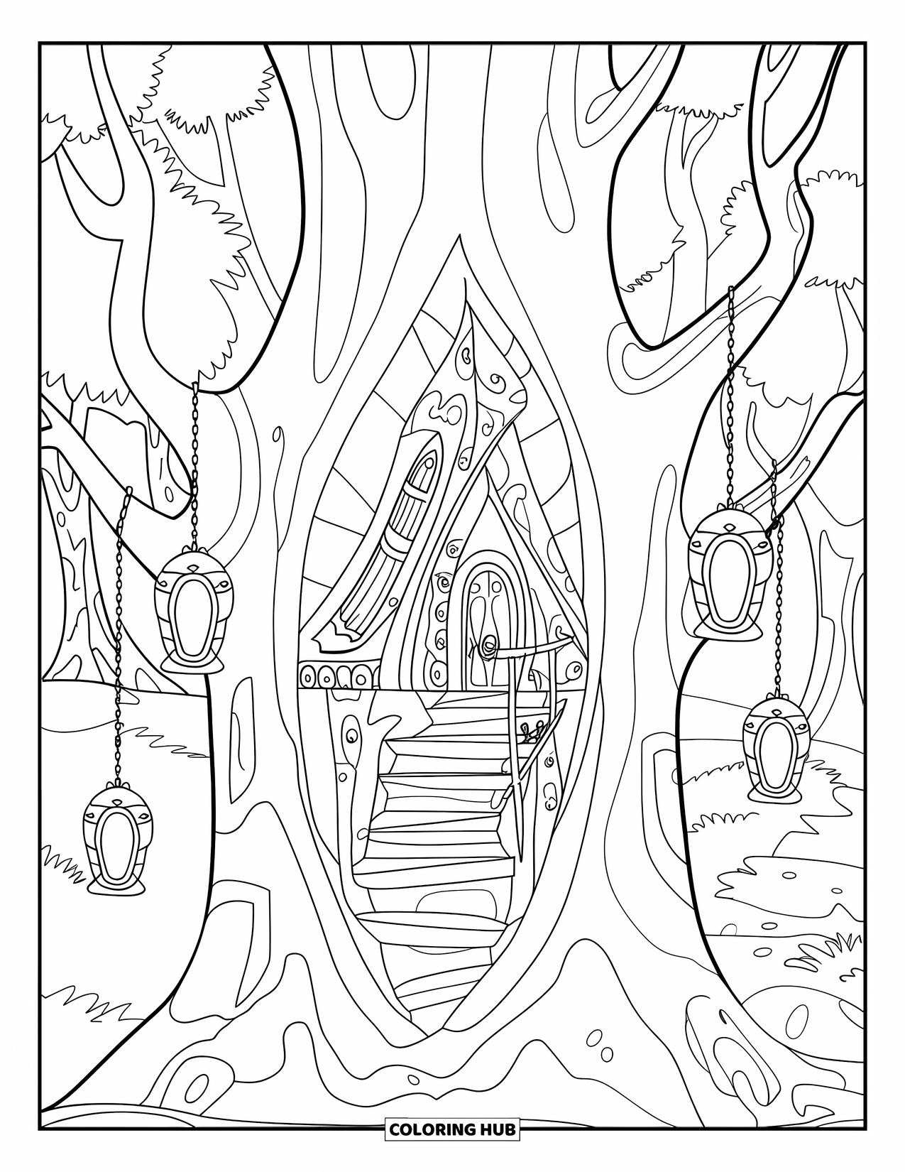 Feeënhuis Kleurplaat voor Volwassenen: Een feeënhuis in een reusachtige holle boom, met wenteltrappen en gloeiende lantaarns
