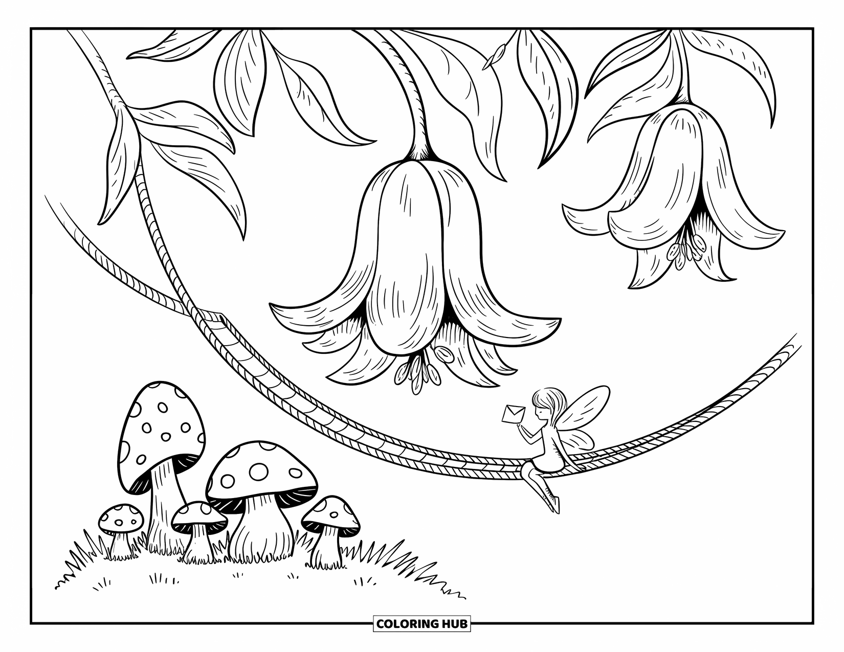 Feeënhuis Kleurplaat voor Volwassenen: Een feeënhuis genesteld in een klokjesbloem met een touwbrug en een klein paddenstoelendorp beneden