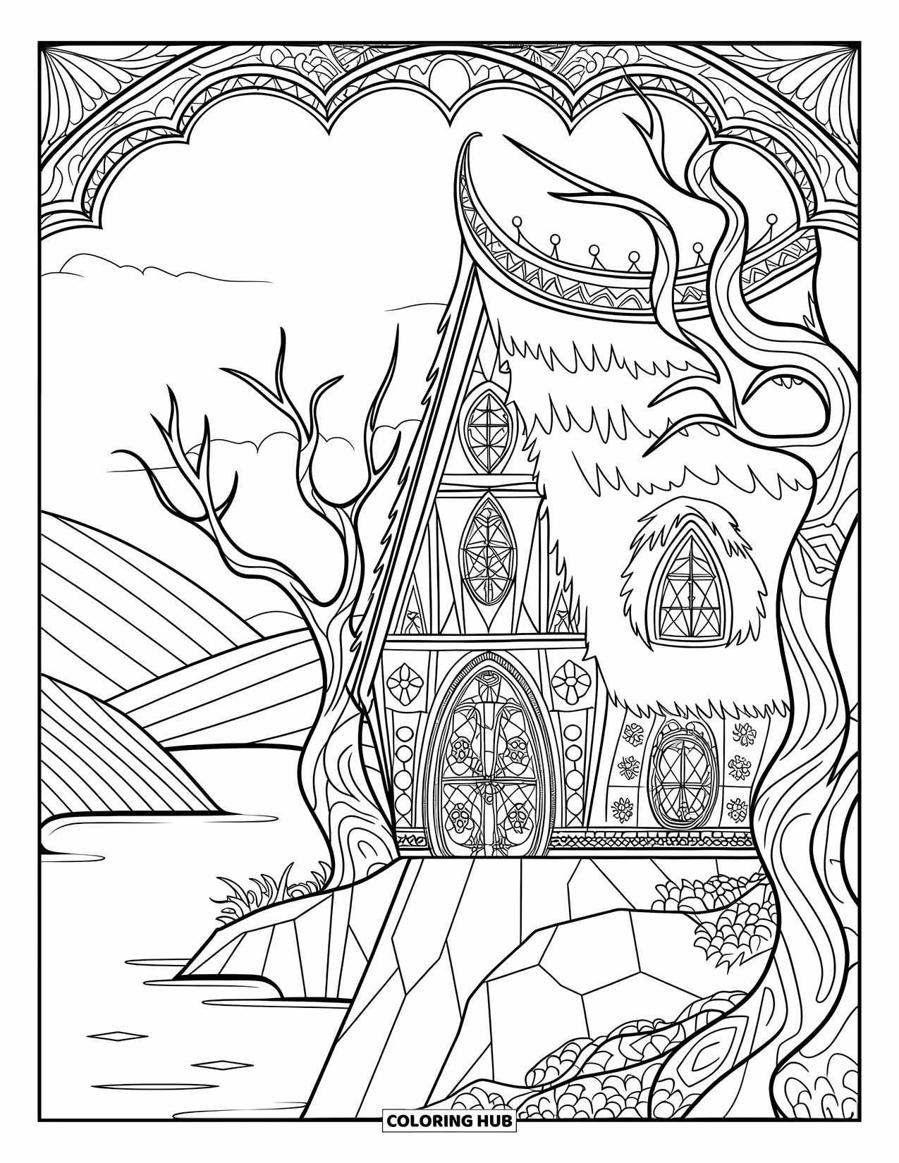 Feeënhuis Kleurplaat voor Volwassenen: Een feeënhuis gelegen nabij een meer, omlijst door gedraaide bomen en gloeiende patronen