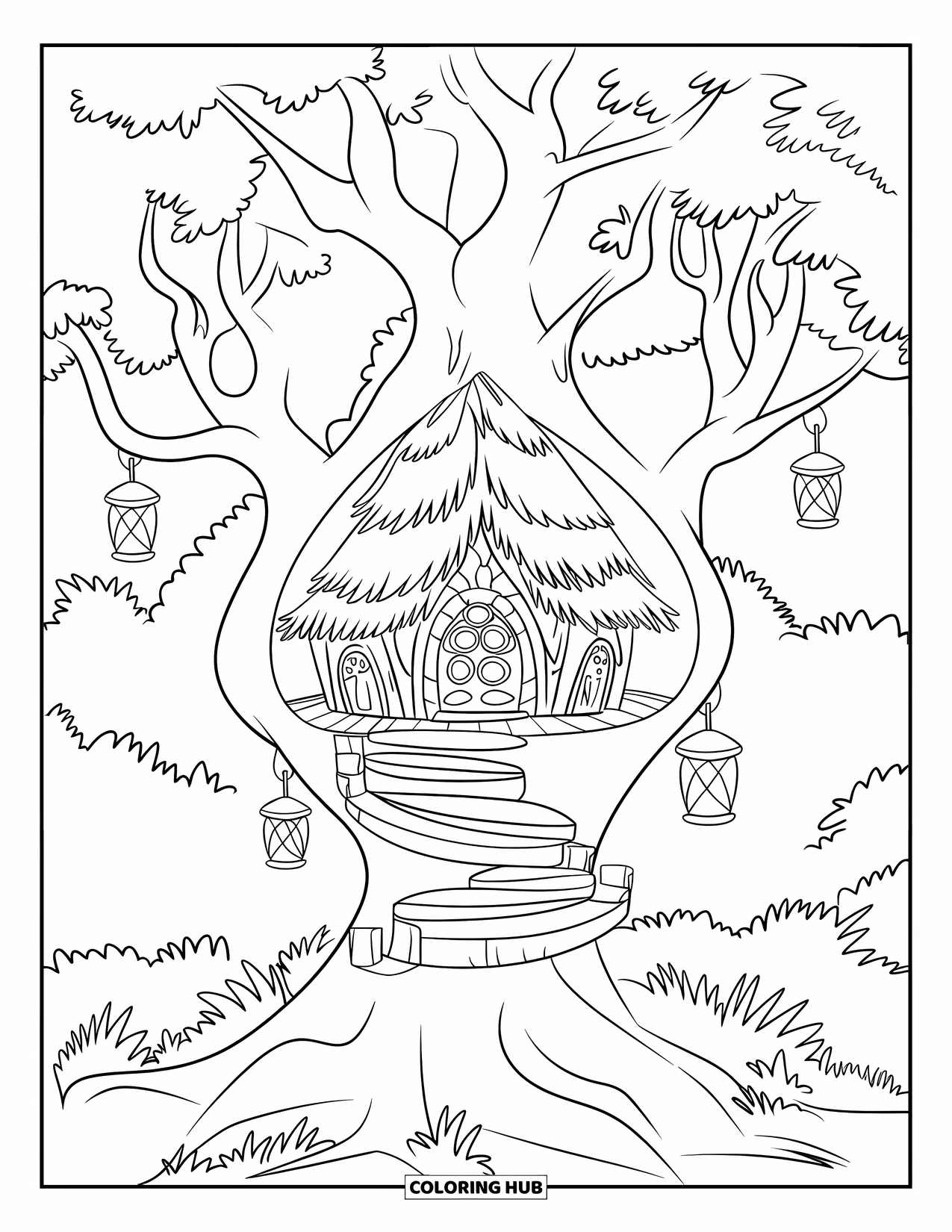 Feeënhuis Kleurplaat voor Volwassenen: Een feeënhuis weggestopt in een grote boom, met houten treden en lantaarns die erboven hangen