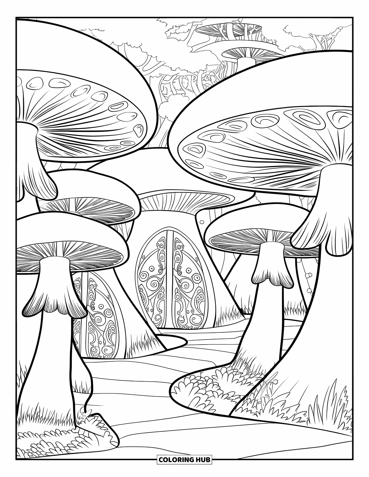 Feeënhuis Kleurplaat voor Volwassenen: Een feeëriek paddenstoelendorp met kronkelende paden, gedetailleerde huizen en een betoverende sfeer