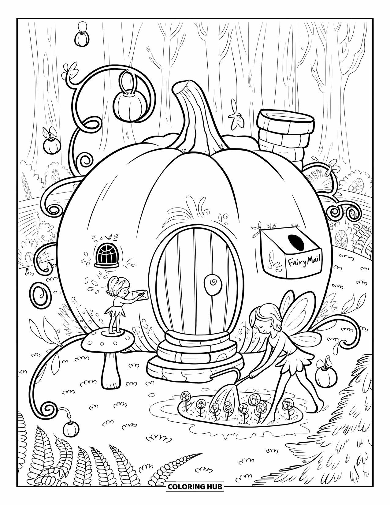 Feeënhuis Kleurplaat voor Volwassenen: Een feeërieke scène met een pompoenhuis, een briefbezorgende fee en gloeiende sterrenlantaarns
