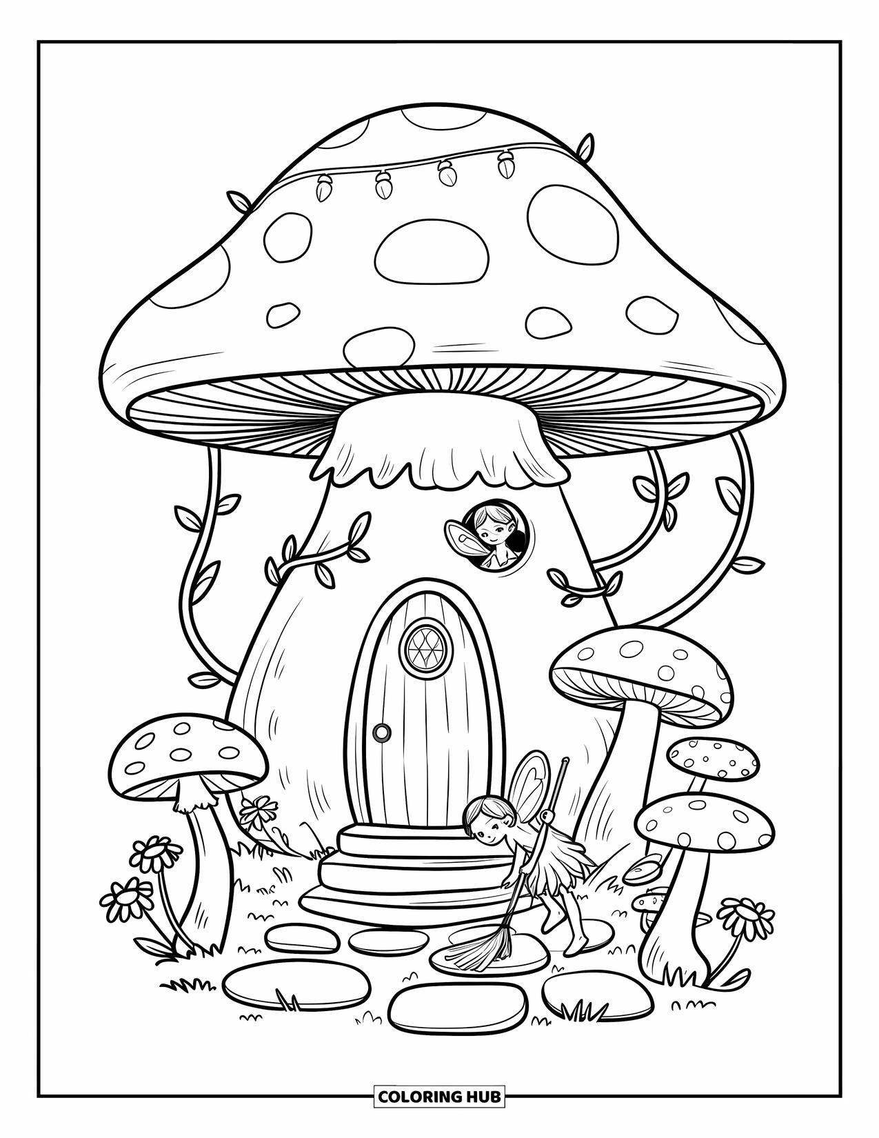 Feeënhuis Kleurplaat voor Volwassenen: Een sprookjesachtig paddenstoelenhuis met gloeiende feeërieke lichtjes, klimplanten en kleine stenen treden