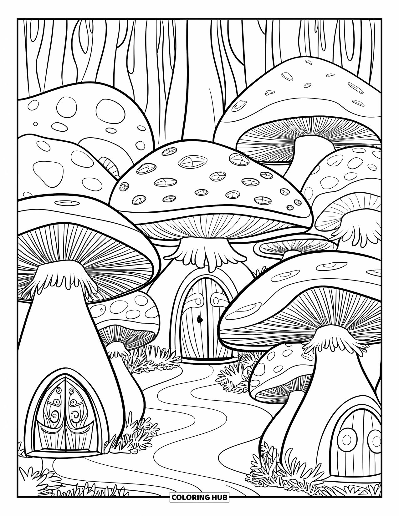 Feeënhuis Kleurplaat voor Volwassenen: Een fantasie paddenstoelendorp met kronkelende paden, decoratieve gravures en ingewikkelde ontwerpen