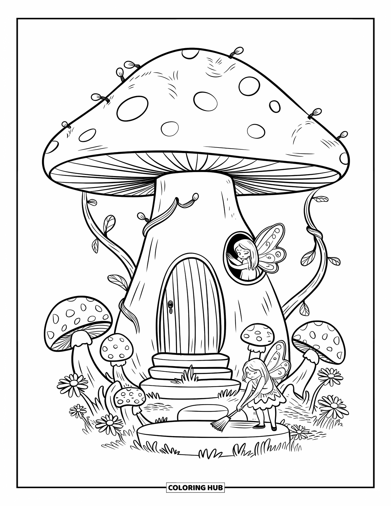 Feeënhuis Kleurplaat voor Volwassenen: Een reusachtig paddenstoelenhuis met een fee die uit het raam gluurt en een andere die bladeren veegt