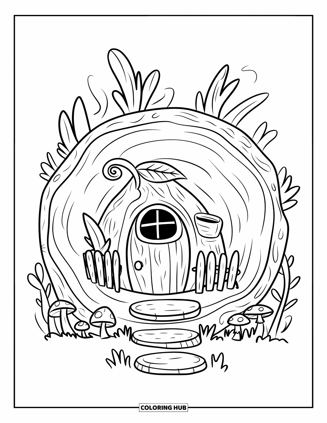 Feeënhuis Kleurplaat voor Volwassenen: Een holle boomstam-feeënhuis met een schoorsteen, stapstenen en paddenstoelen die aan de basis groeien