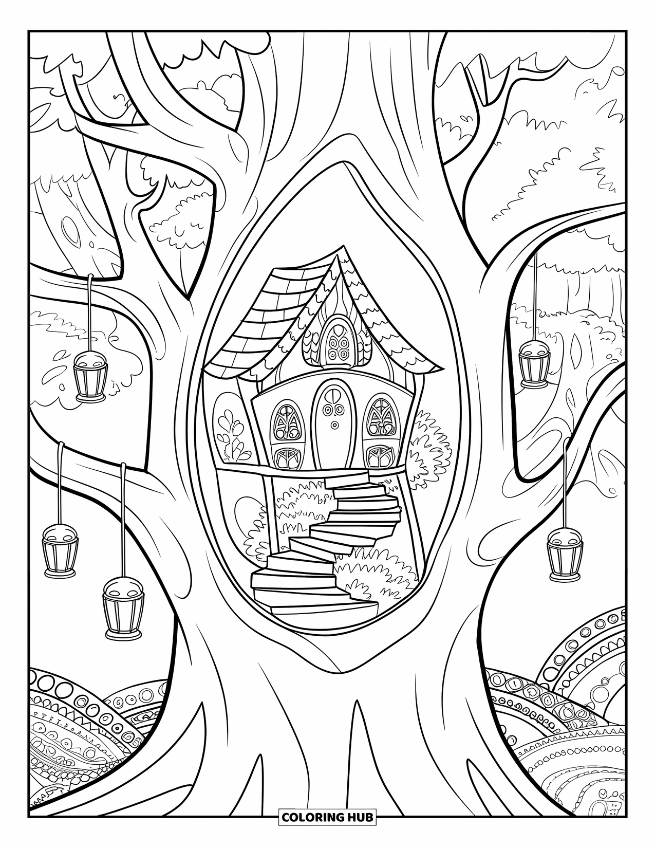 Feeënhuis Kleurplaat voor Volwassenen: Een holle boom-feeënhuis met ingewikkelde trappen en zacht gloeiende lantaarns