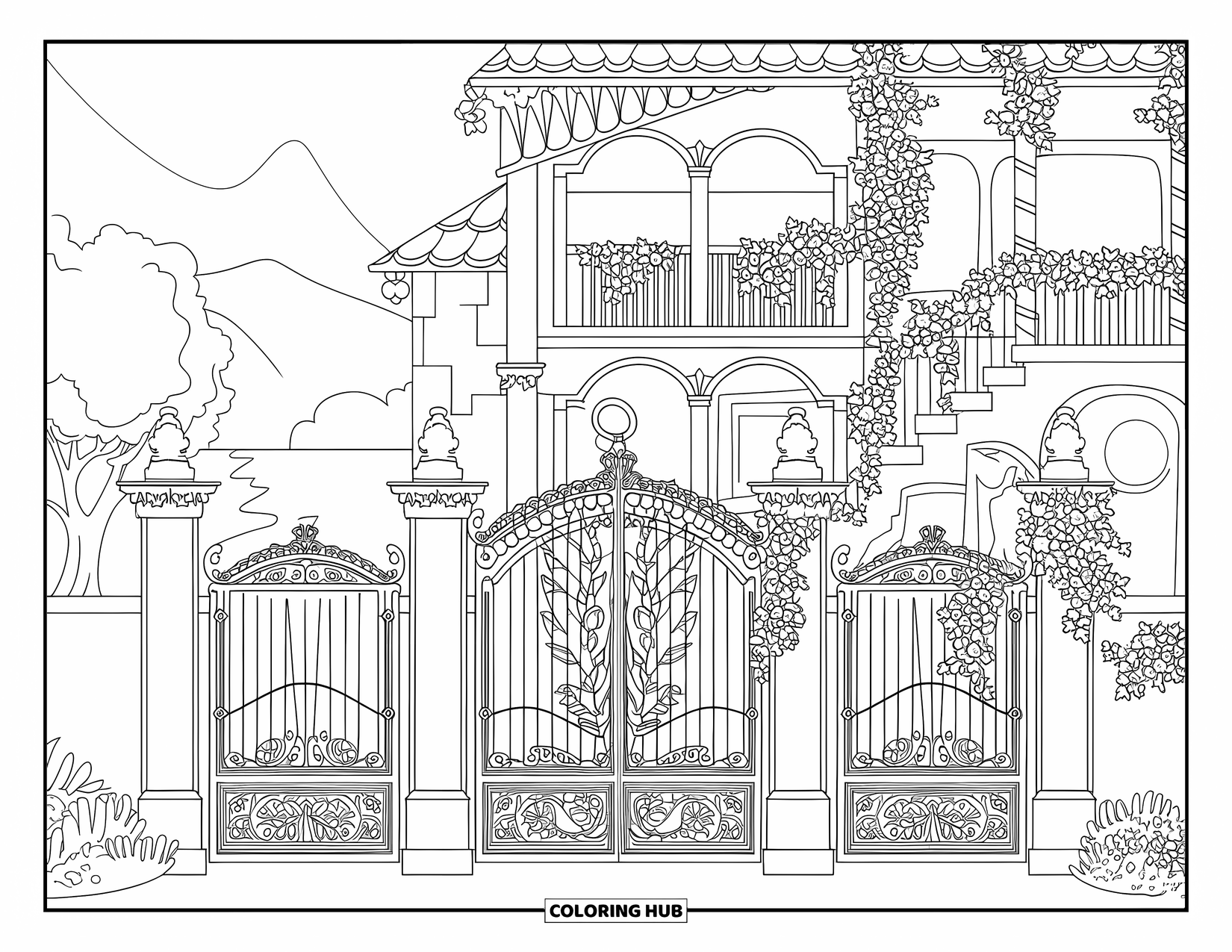 Feeënhuis Kleurplaat voor Volwassenen: Een luxueuze feeënvilla met spiraalvormige pilaren, bloemenpoorten en een rustig landschap daarachter
