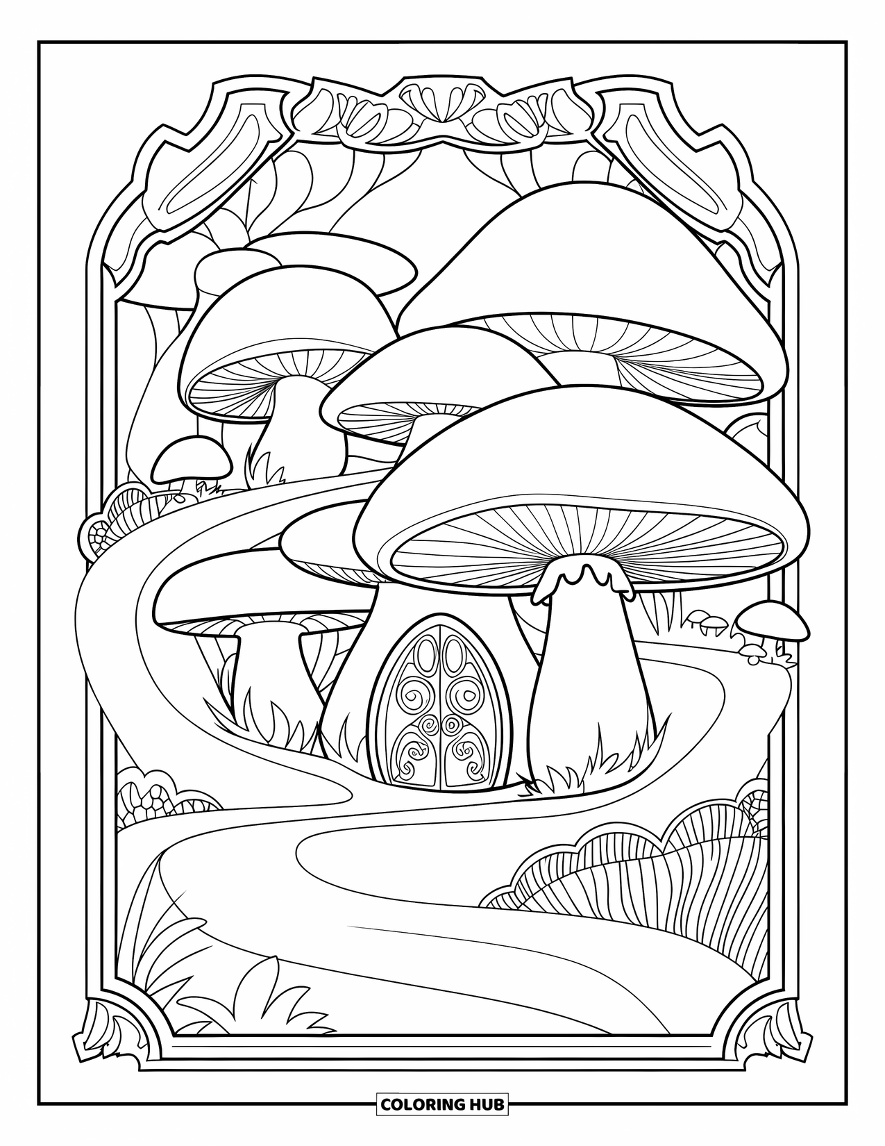 Feeënhuis Kleurplaat voor Volwassenen: Een magisch paddenstoelendorp met sierlijke deuren, kronkelende paden en op feeën geïnspireerde details