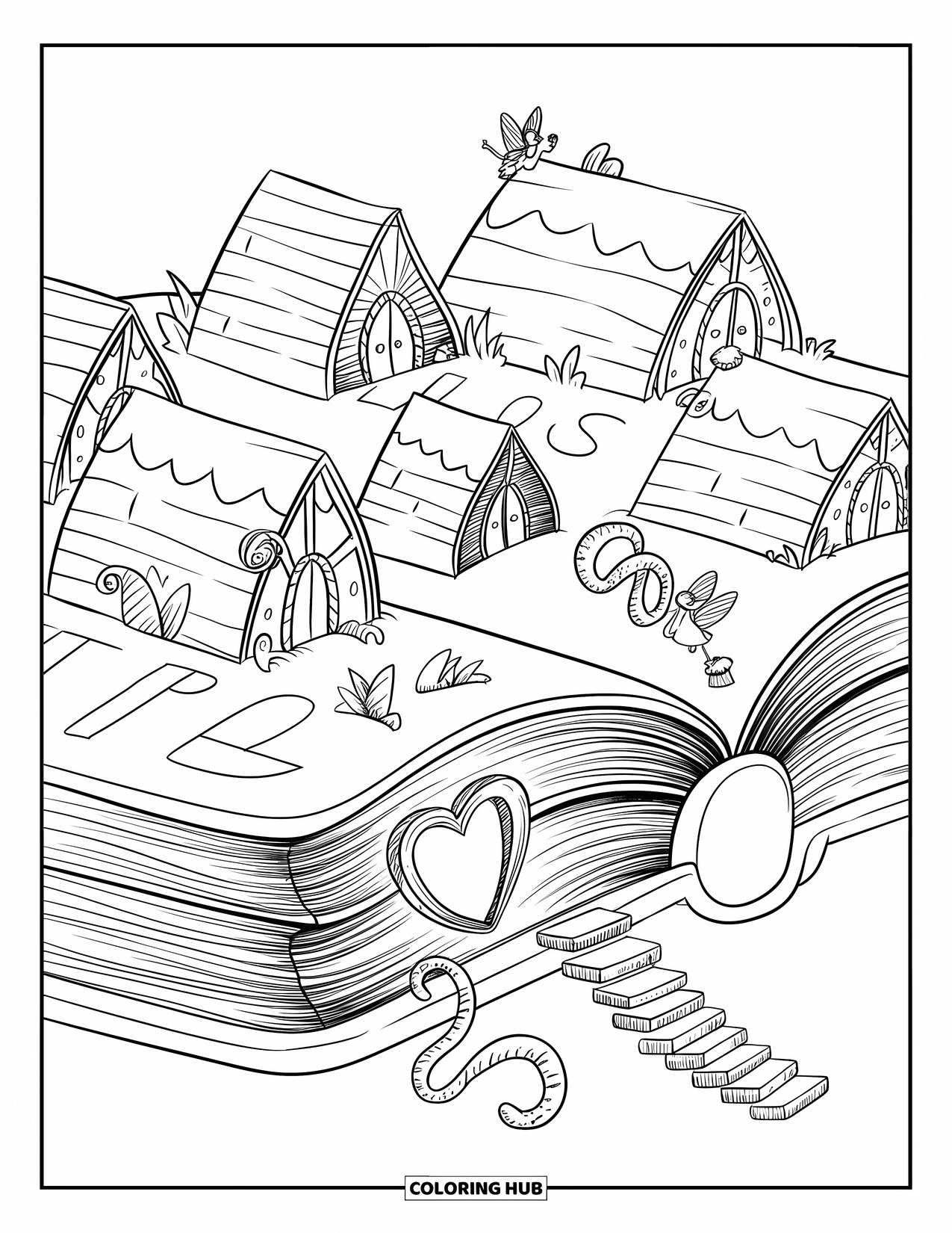 Feeënhuis Kleurplaat voor Volwassenen: Een magisch sprookjesboek met feeënhuizen gebouwd tussen de pagina's en een kronkelende trap