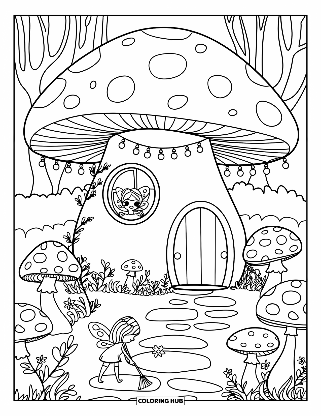 Feeënhuis Kleurplaat voor Volwassenen: Een paddenstoelenhuis met feeërieke lichtjes, een glurende fee en een gezellige, met klimop omwikkelde ingang