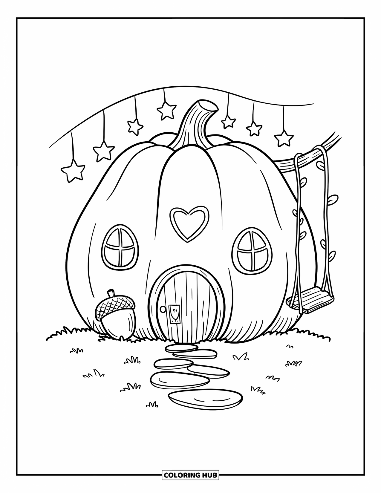 Feeënhuis Kleurplaat voor Volwassenen: Een mollig pompoenhuis met een liaanschommel, hartvormige ramen en een eikel-brievenbus
