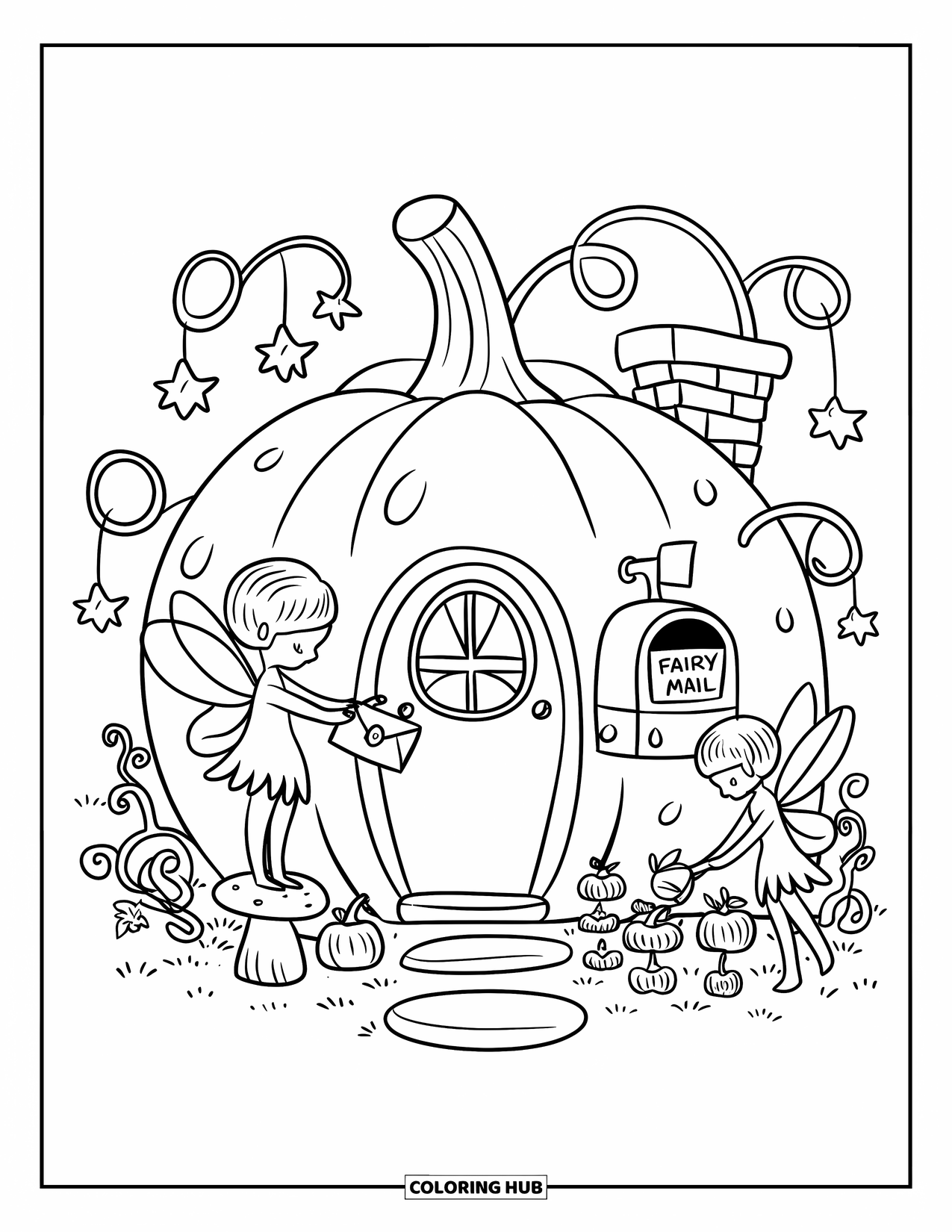 Feeënhuis Kleurplaat voor Volwassenen: Een pompoenhuis met een "Feeënpost"-doos, omgeven door feeën en fonkelende lantaarns