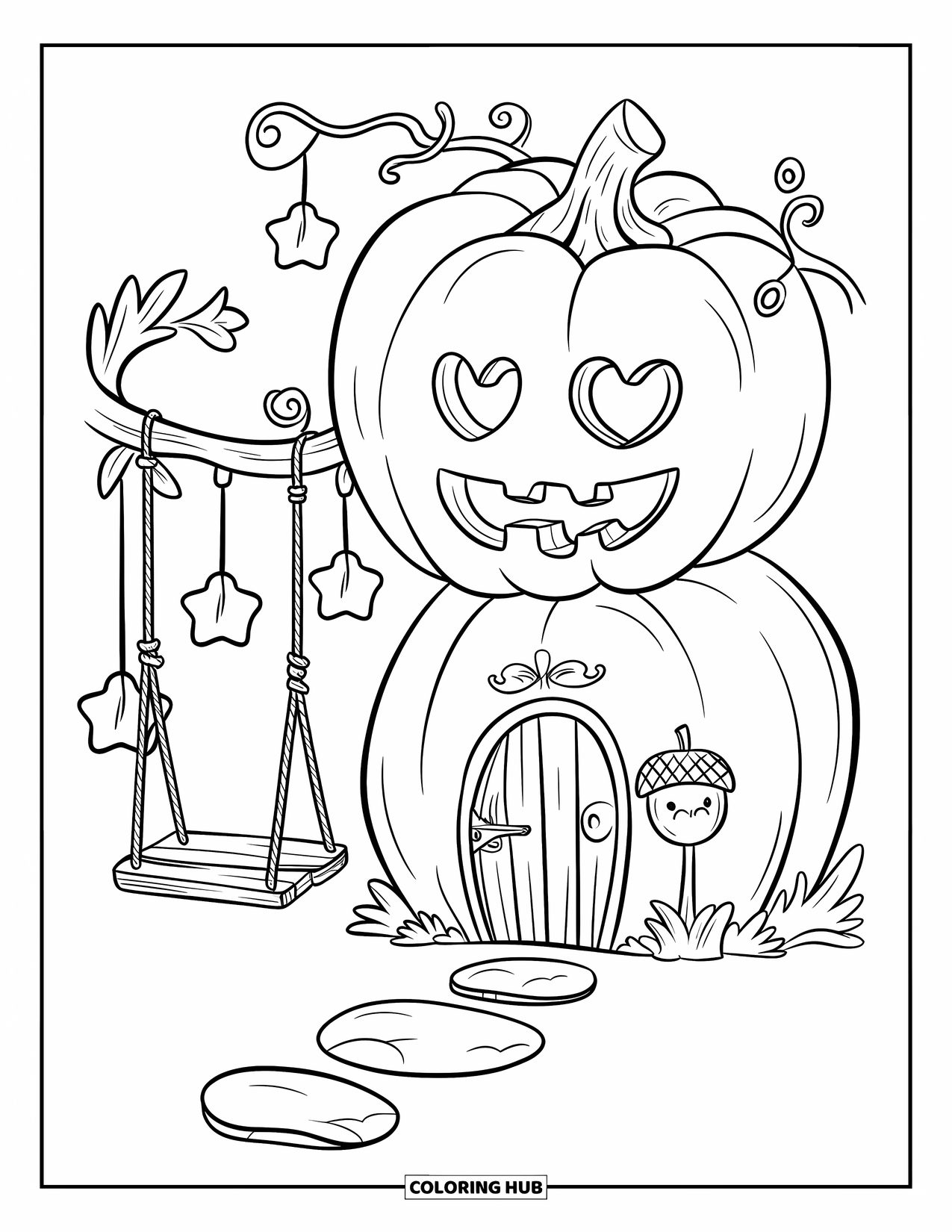 Feeënhuis Kleurplaat voor Volwassenen: Een pompoenvormig feeënhuis met een klein schommeltje, hartvormige ramen en een eikel-brievenbus