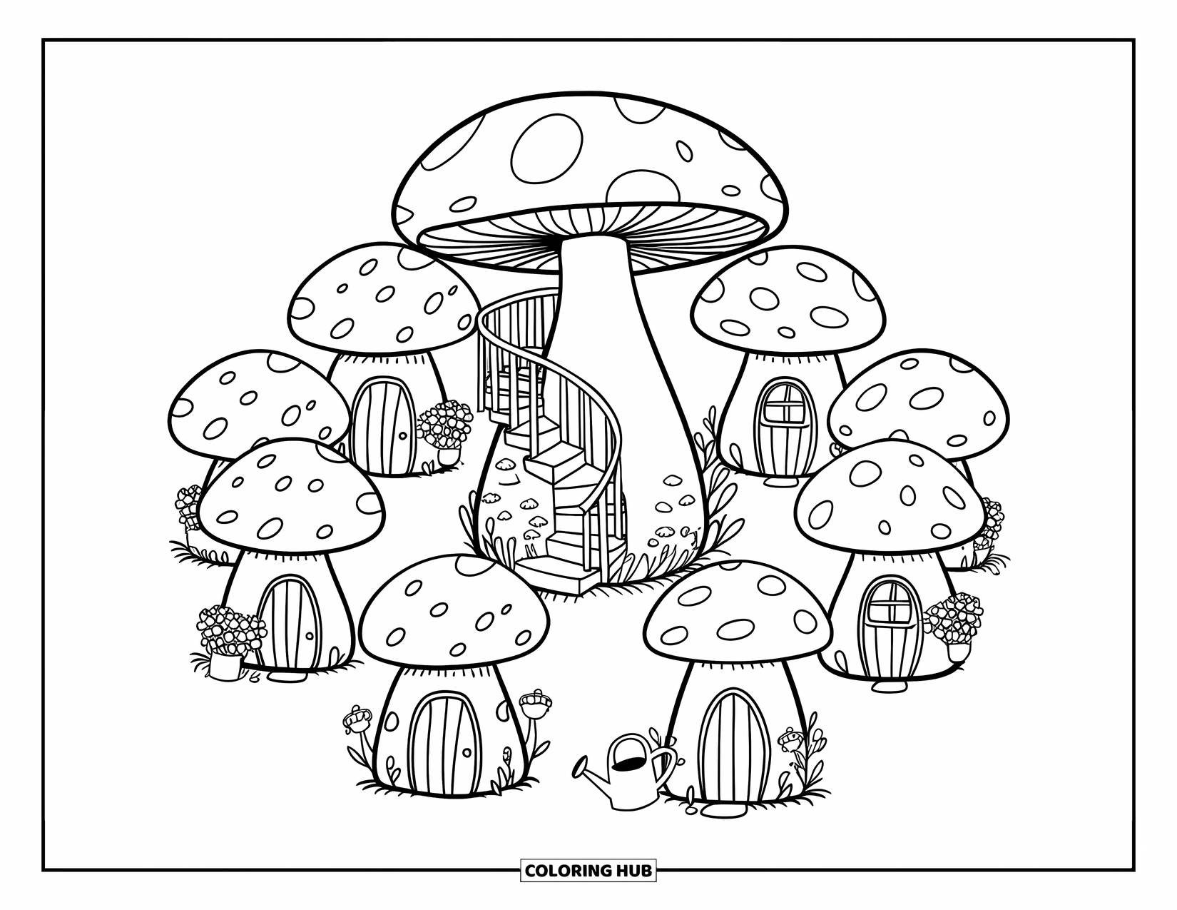 Feeënhuis Kleurplaat voor Volwassenen: Een klein paddenstoelendorp met hartvormige ramen, een wenteltrap en een gezellige sfeer