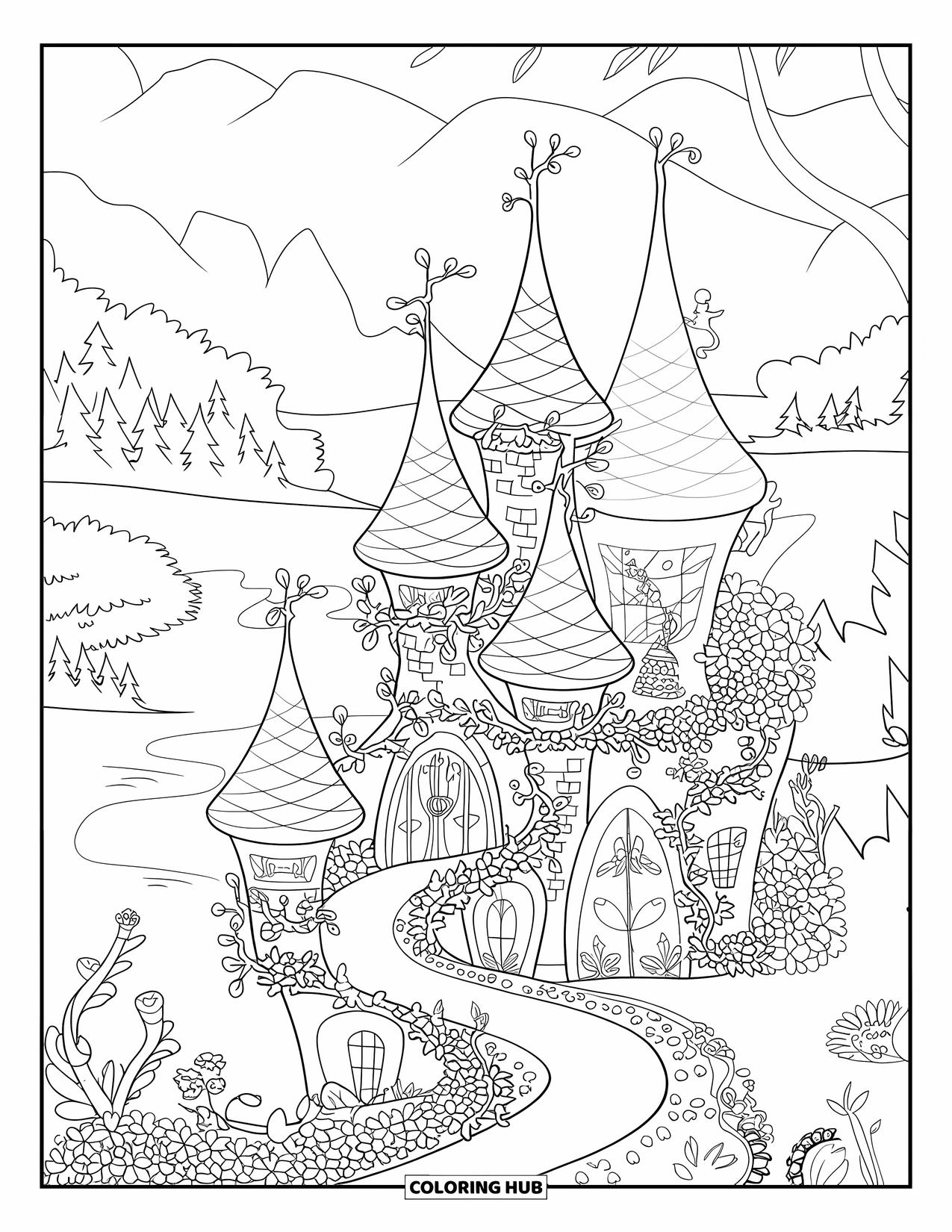 Feeënhuis Kleurplaat voor Volwassenen: Een torenhoog feeënkasteel met spiraalvormige torens, betoverde klimplanten en kleine magische wezens