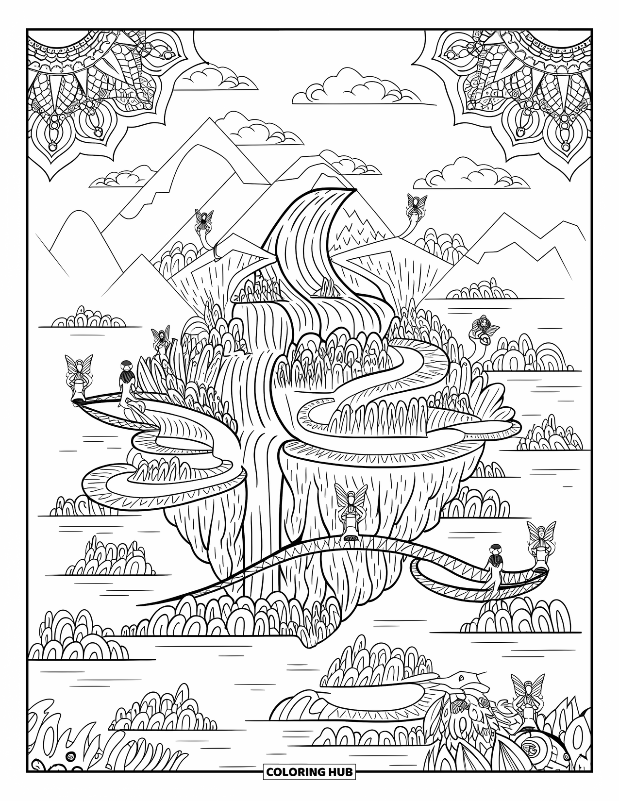 Feeënhuis Kleurplaat voor Volwassenen: Een grillig drijvend eiland met bloemenbruggen, feeën en een serene, met wolken gevulde achtergrond
