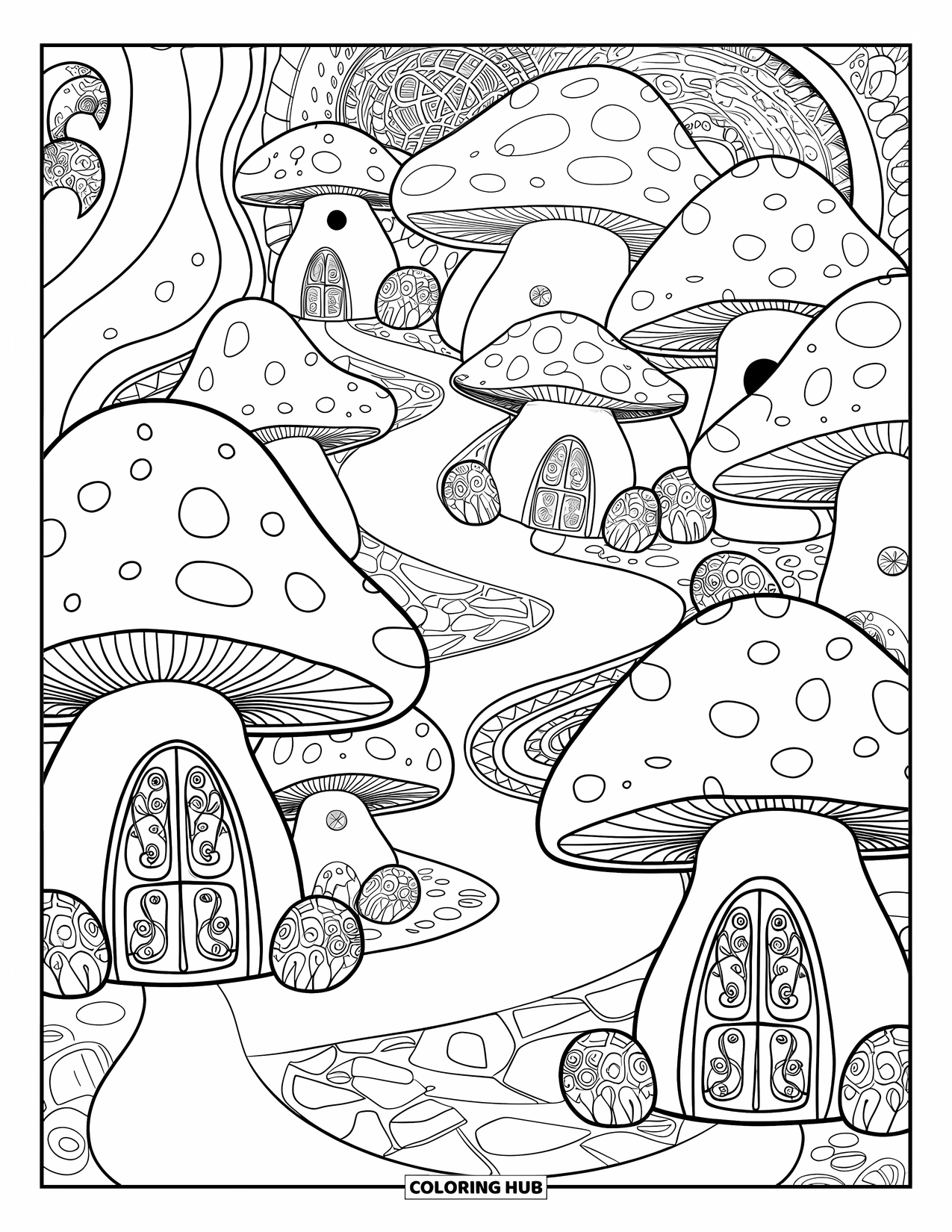 Feeënhuis Kleurplaat voor Volwassenen: Een grillig paddenstoelendorp met uitgebreide deuren, kronkelende wegen en torenhoge paddenstoelen