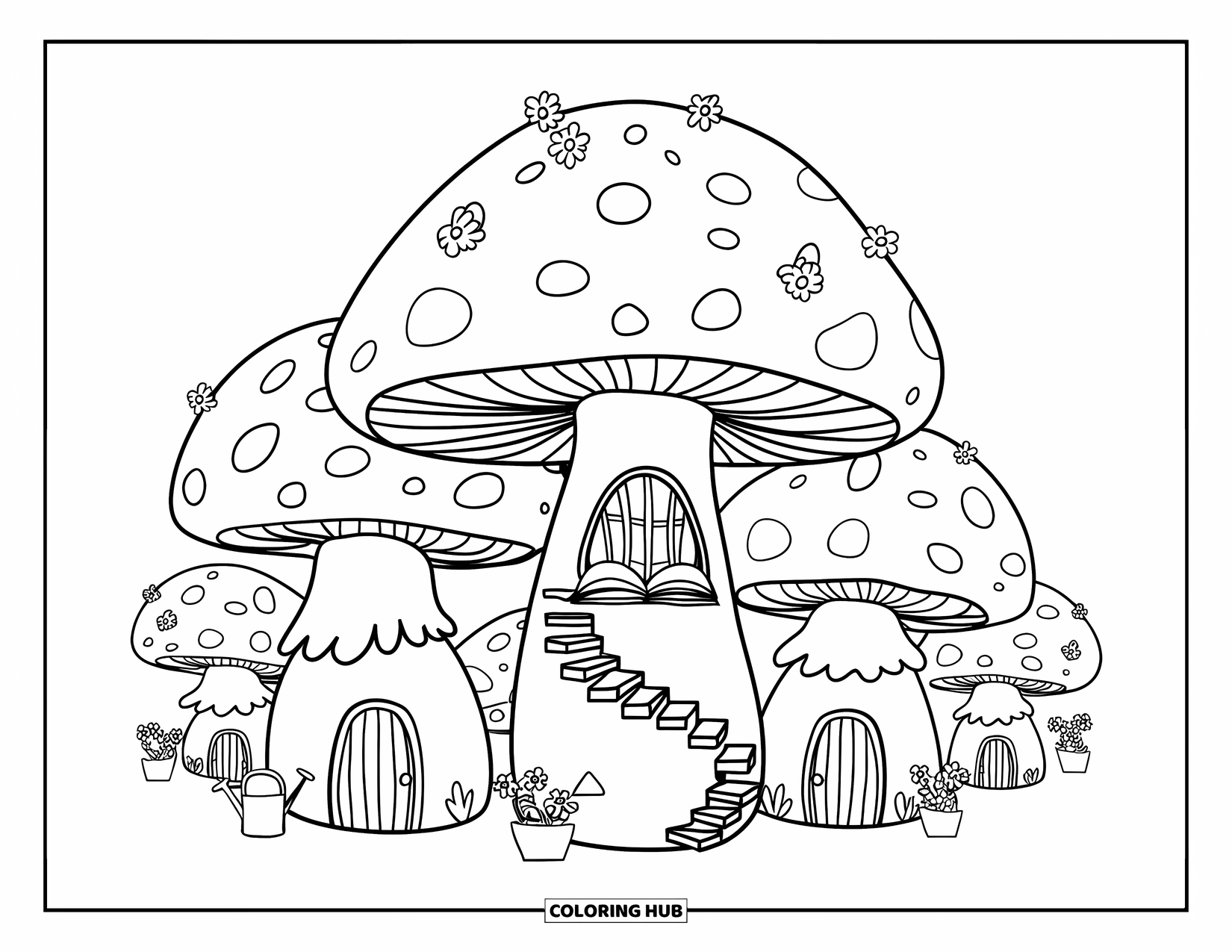 Feeënhuis Kleurplaat voor Volwassenen: Een grillig paddenstoelendorp met wenteltrappen, groene daken en hints van feeëriek leven