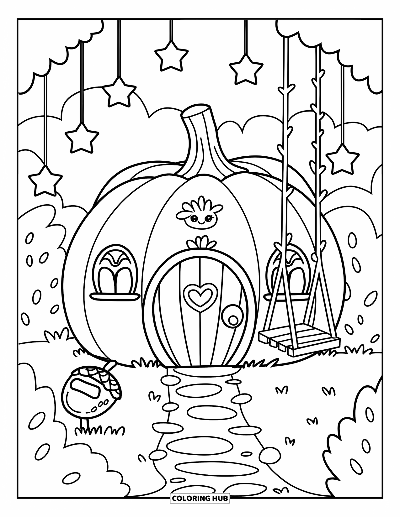 Feeënhuis Kleurplaat voor Volwassenen: Een grillig pompoenhuis met feeërieke lichtjes, een schommelende liaan en een charmante houten deur