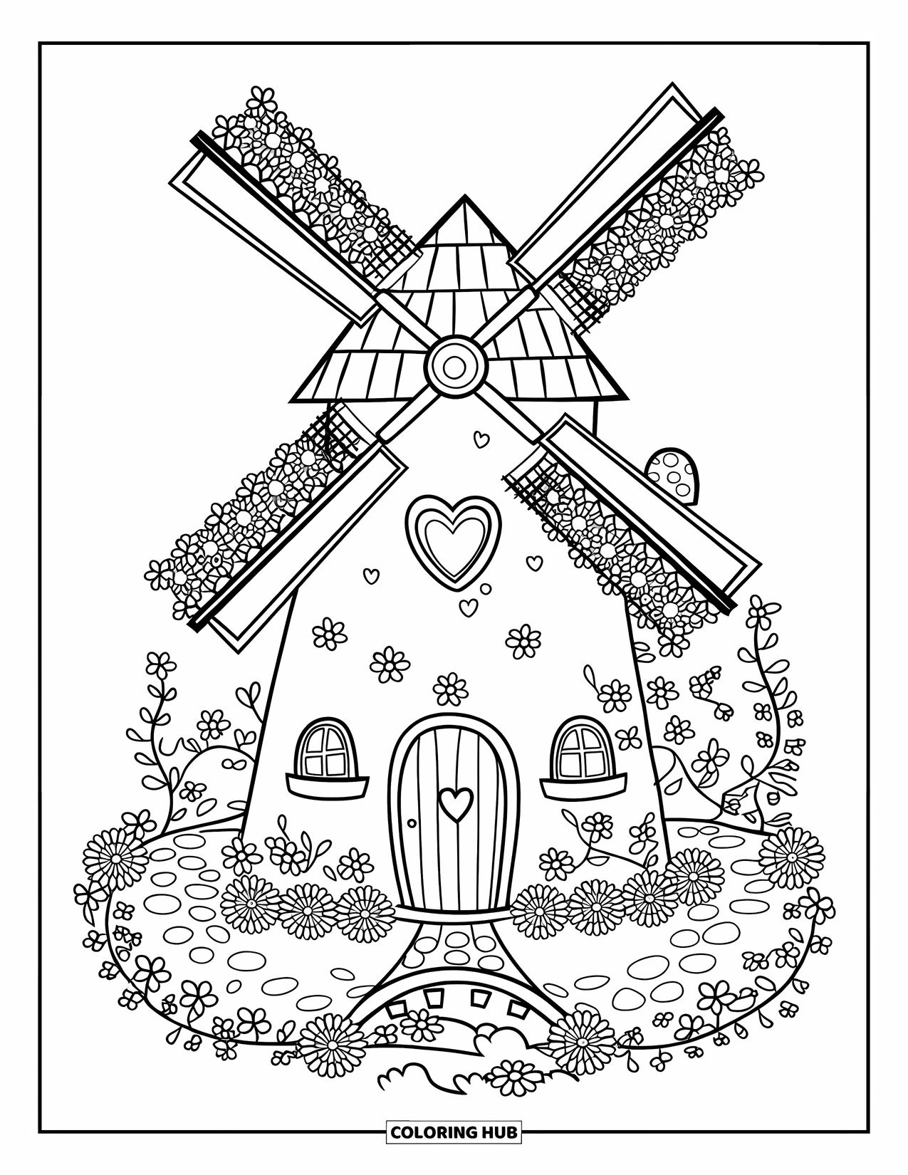 Feeënhuis Kleurplaat voor Volwassenen: Een grillig windmolen-huisje met bloemblaadjes als wieken, genesteld in een weelderige feeëntuin