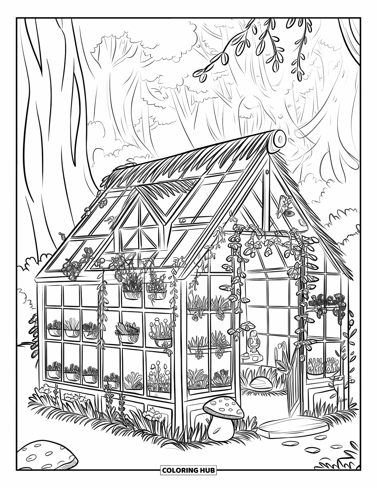 Feeënhuis Kleurplaat voor Volwassenen: Een houten feeën-kas met een rieten dak, omgeven door een dicht magisch bos