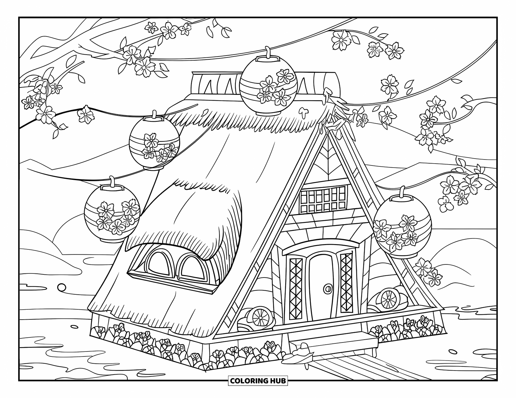 Feeënhuis Kleurplaat voor Volwassenen: Een houten feeënhuis met een rieten dak, genesteld tussen kersenbloesems en lantaarns
