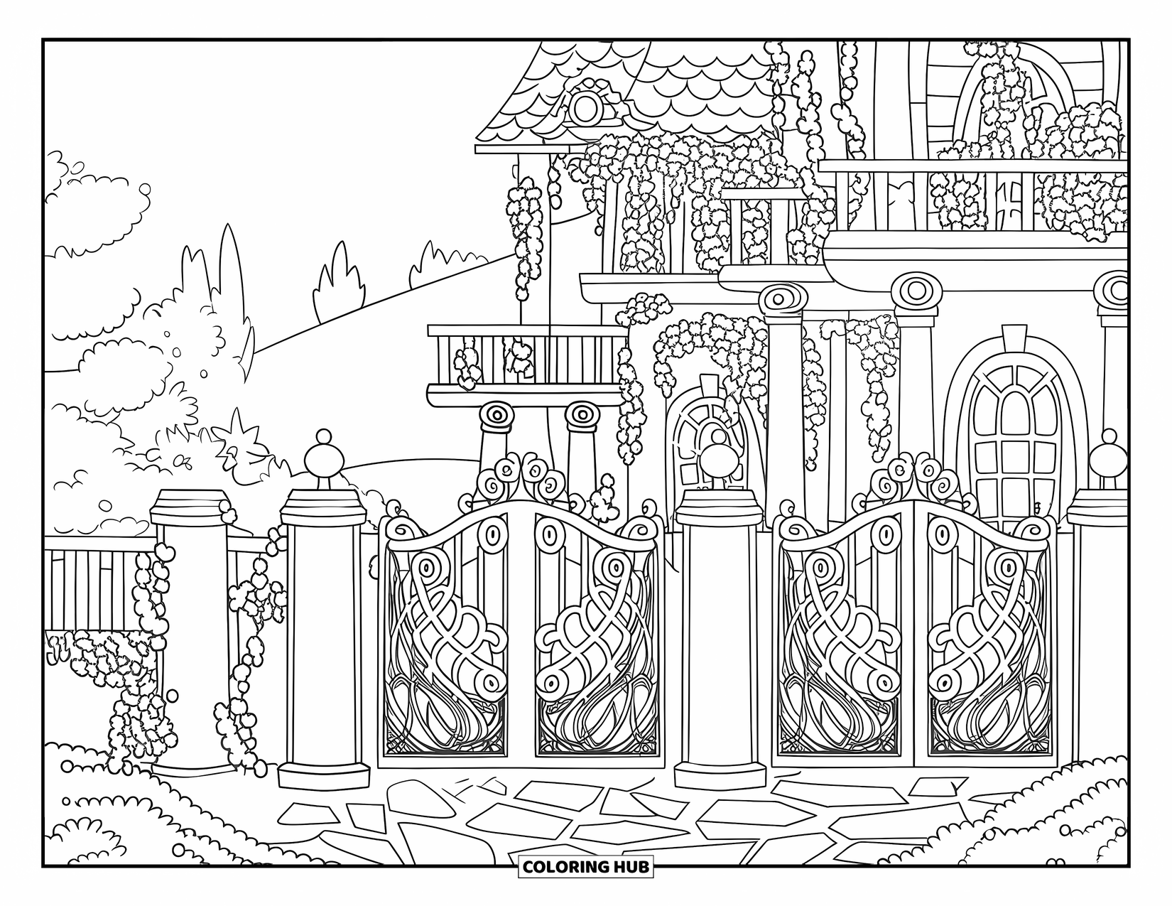 Feeënhuis Kleurplaat voor Volwassenen: Een elegant feeëngoed met ingewikkelde poorten, stenen paden en een sereen uitzicht op het bos