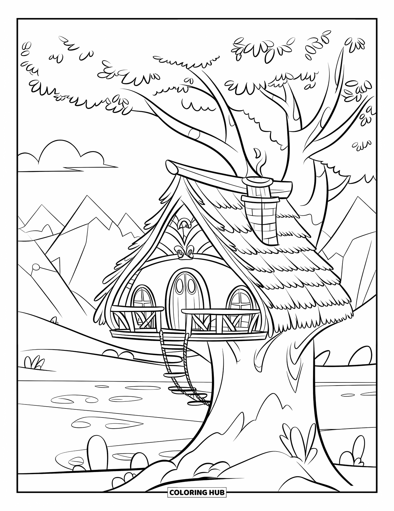 Feeënhuis Kleurplaat voor Kinderen: Een zwart-wit kleurplaat van een groot, gezellig feeënhuis gebouwd in een boom