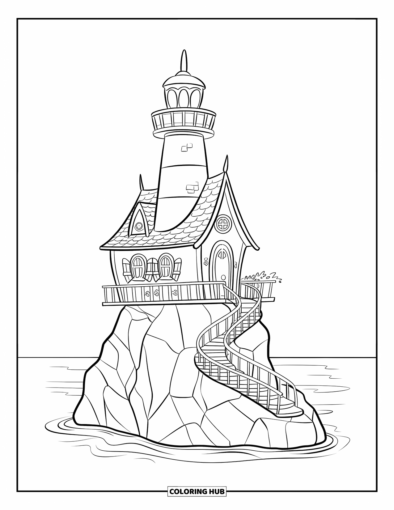 Feeënhuis Kleurplaat voor Kinderen: Een charmant vuurtoren-feeënhuis met een puntig dak, gloeiende ramen en een wenteltrap