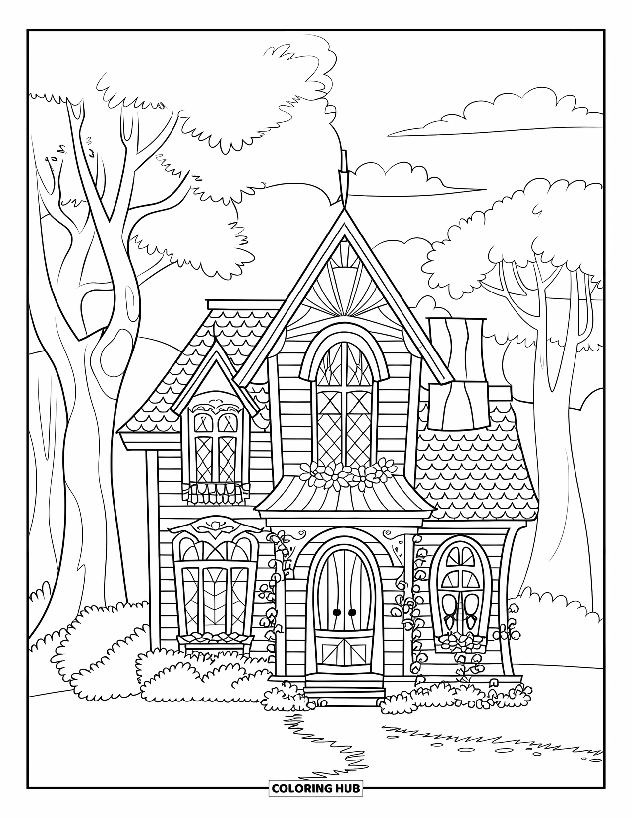Feeënhuis Kleurplaat voor Kinderen: Een charmant Victoriaans feeënhuis genesteld in een groen bos, met elegante details en boogvensters