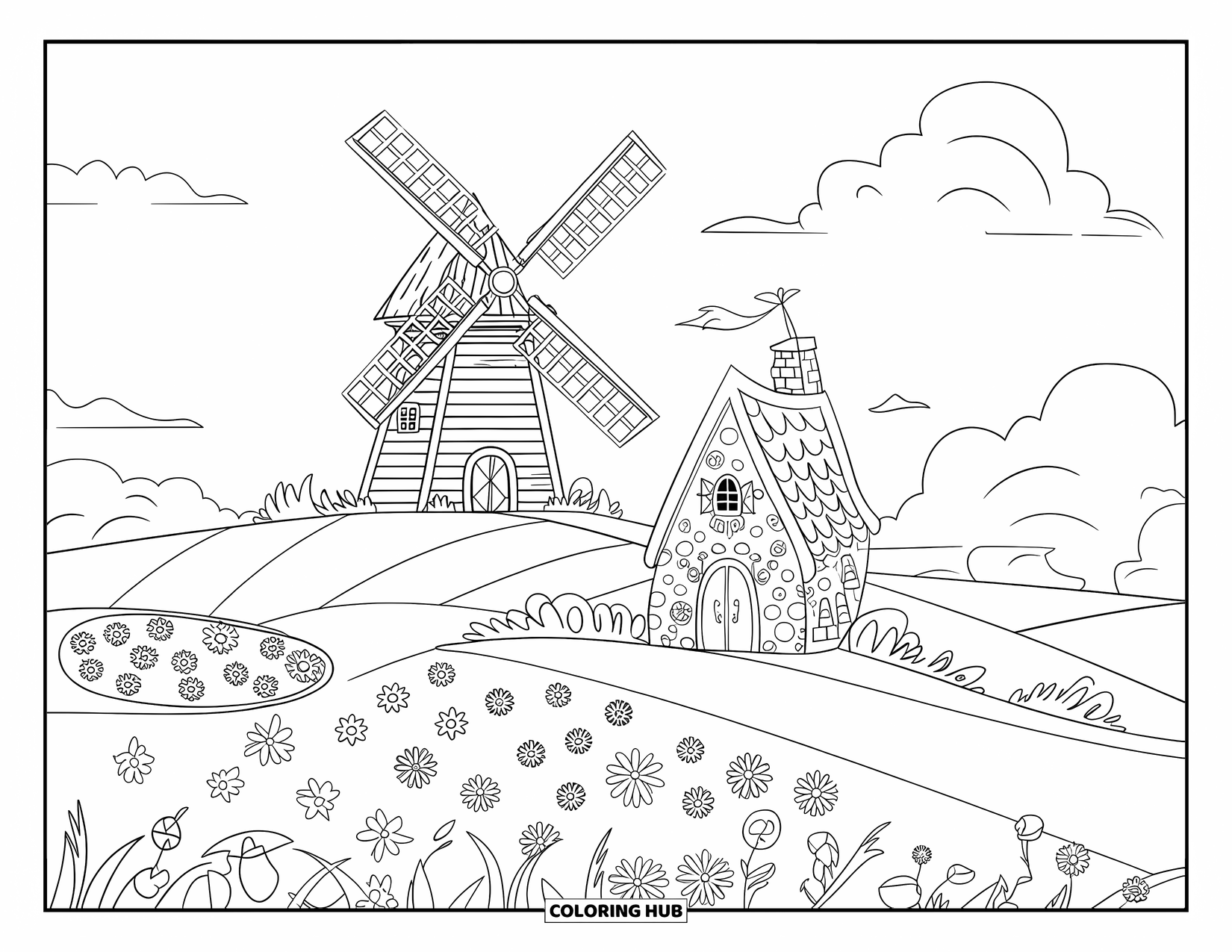 Feeënhuis Kleurplaat voor Kinderen: Een charmant windmolen-feeënhuis met een houten structuur, kleurrijke bloemen en een kronkelend pad