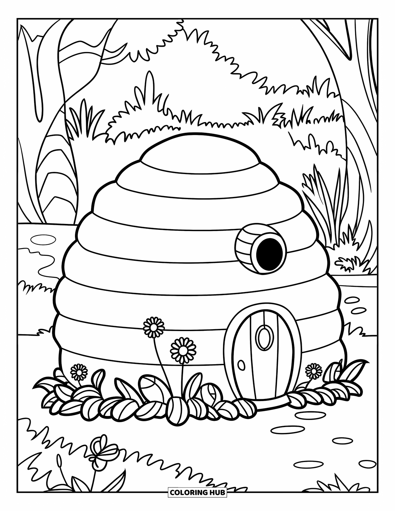 Feeënhuis Kleurplaat voor Kinderen: Een gezellig bijenkorf-feeënhuis met een honingraat-buitenkant, kleine ramen en een magische bosrijke omgeving