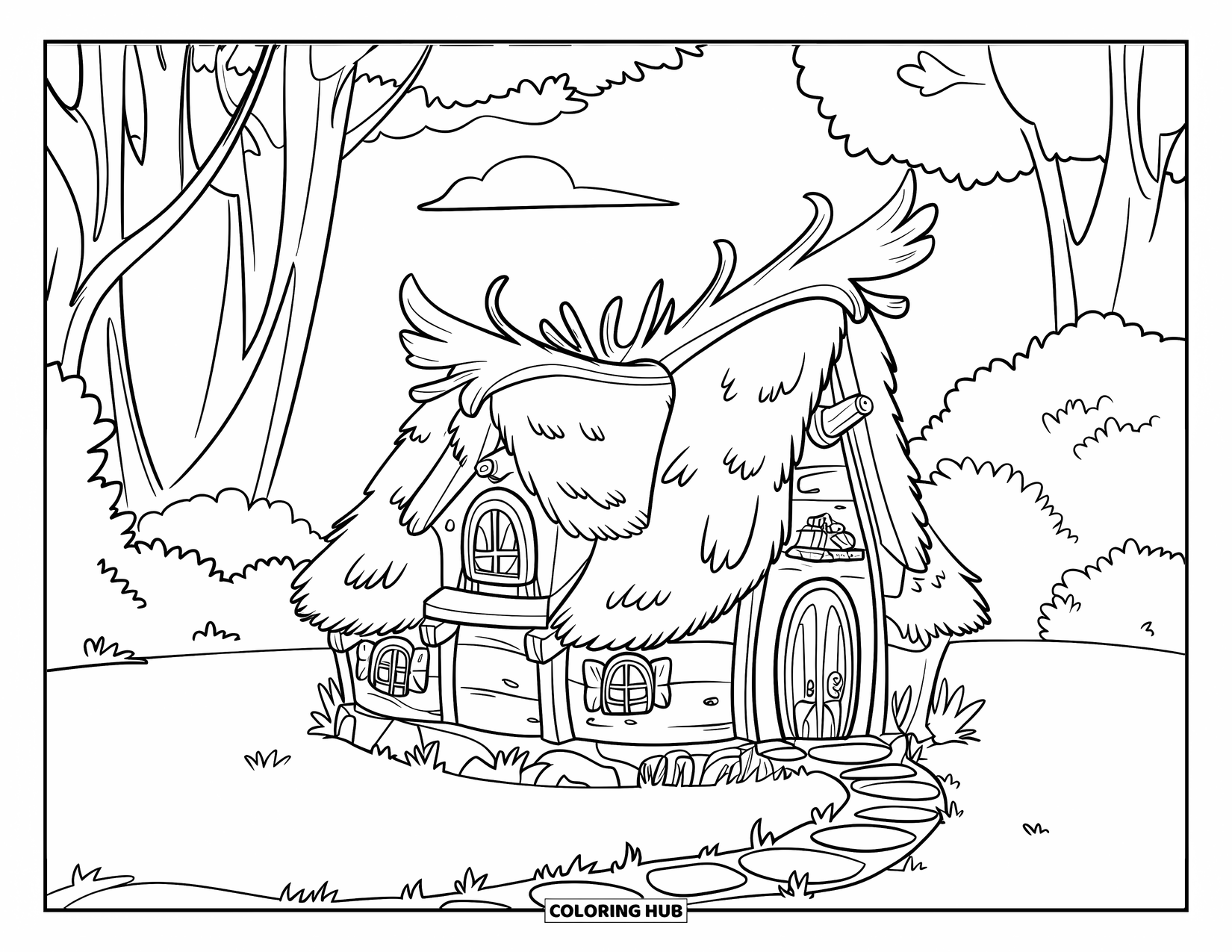 Feeënhuis Kleurplaat voor Kinderen: Een gezellig feeënhuis met kleine luiken, een kronkelend stenen pad en een vredige bosachtergrond