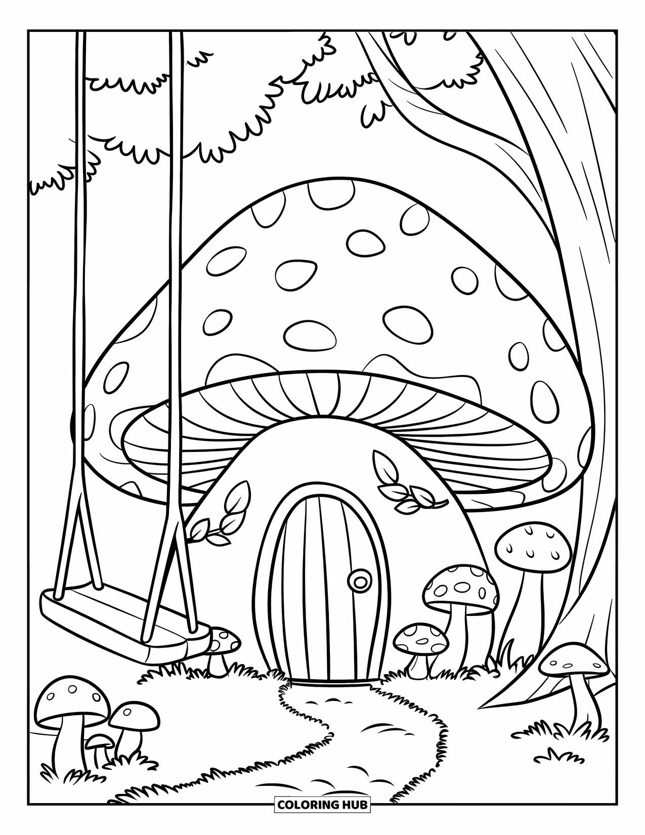 Feeënhuis Kleurplaat voor Kinderen: Een gezellig paddenstoelenhuis met bladergordijnen, een houten deur en een vredige tuin