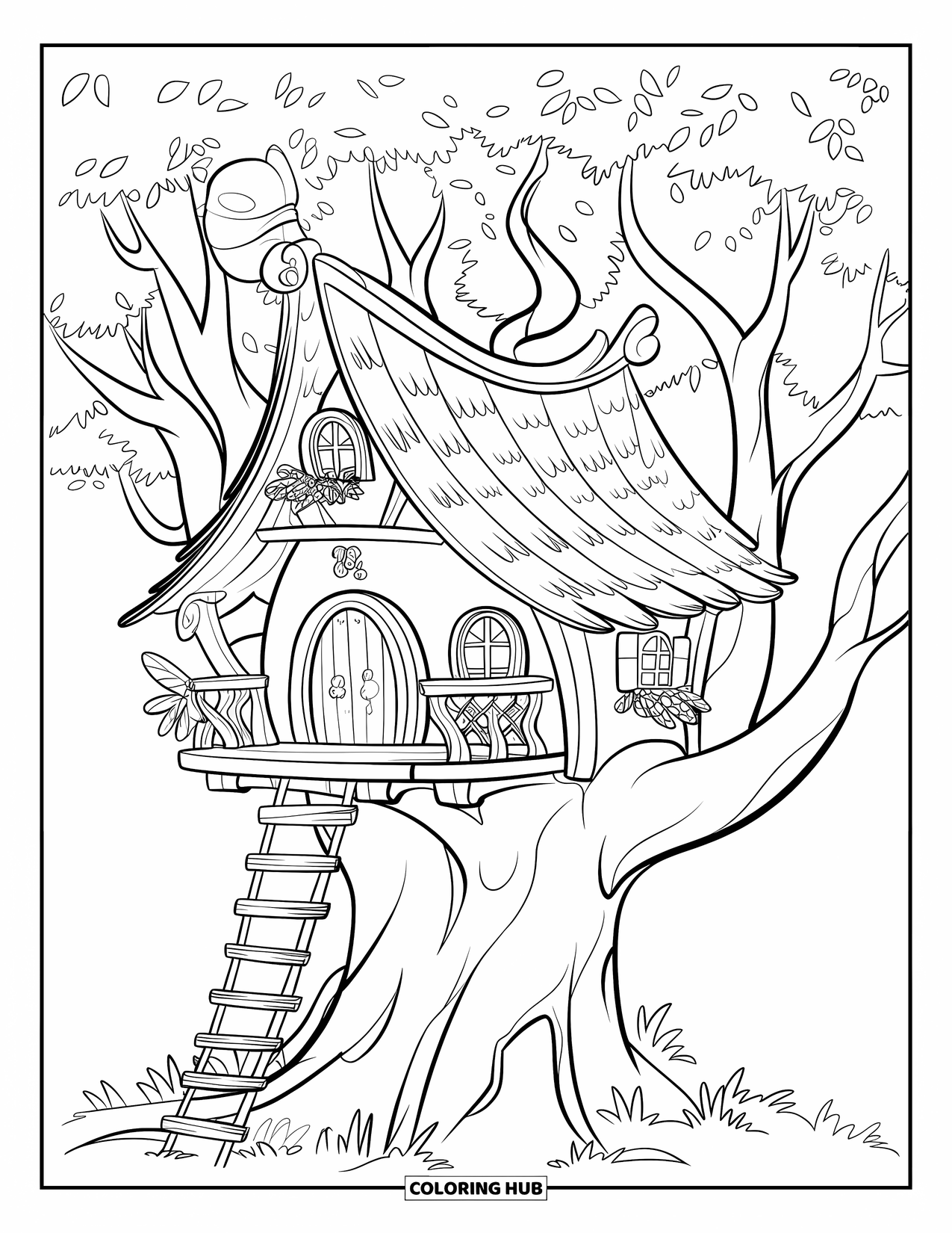 Feeënhuis Kleurplaat voor Kinderen: Een gezellig boomhut-stijl feeënhuis met een balkon, een schoorsteen en weelderige bladeren eromheen