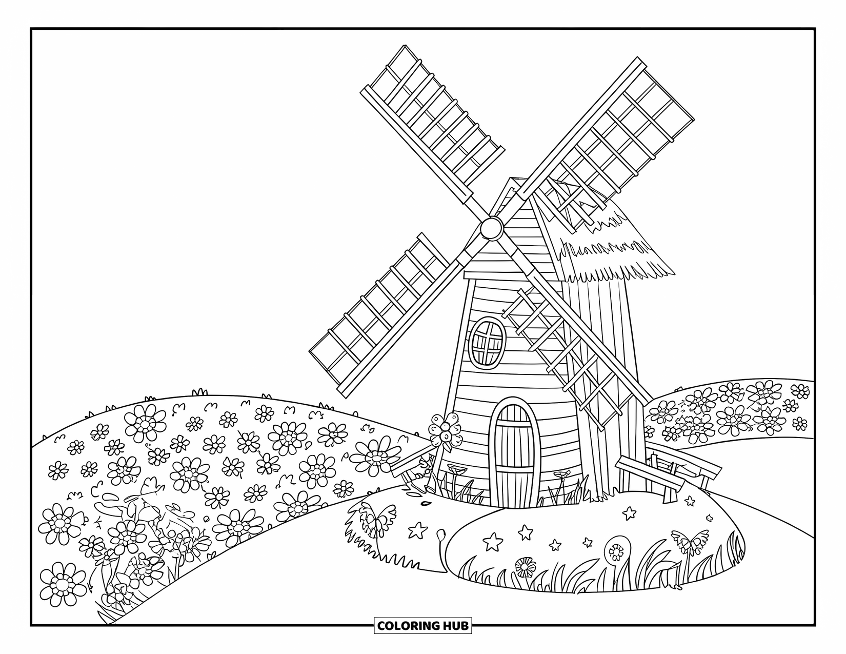 Feeënhuis Kleurplaat voor Kinderen: Een gezellig windmolen-feeënhuis met een rieten dak, genesteld tussen velden vol levendige bloemen