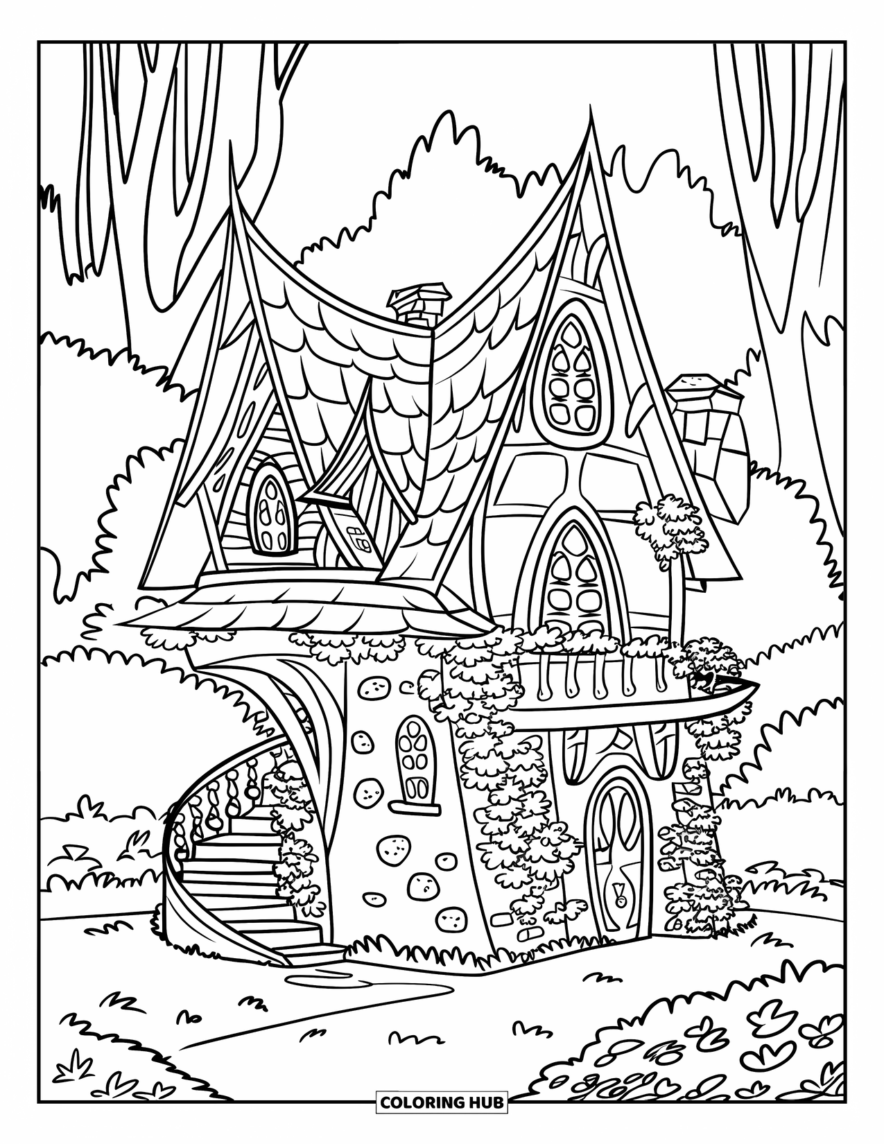 Feeënhuis Kleurplaat voor Kinderen: Een donker en betoverend feeënhuis met met klimop begroeide muren, hoge ramen en een wenteltrap