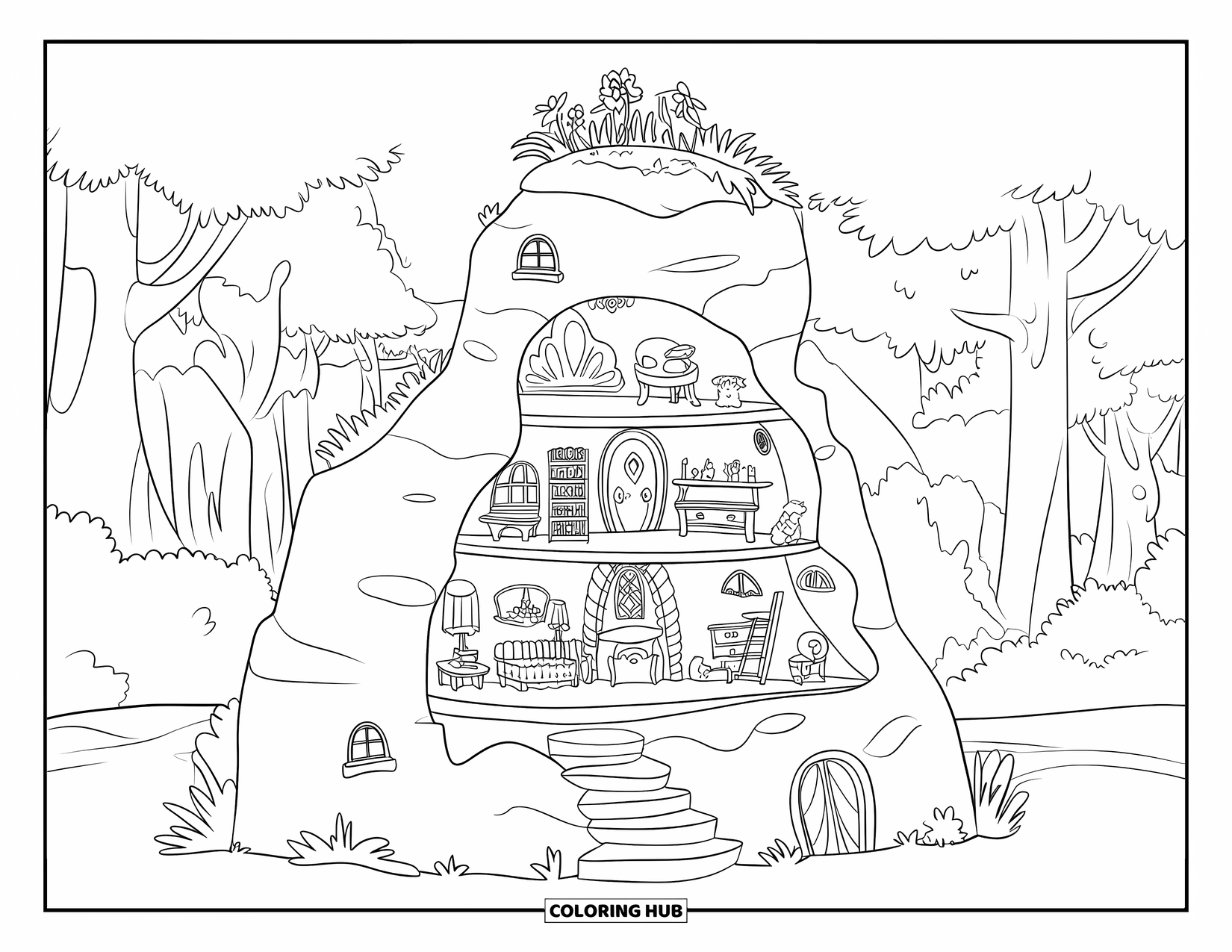 Feeënhuis Kleurplaat voor Kinderen: Een feeënhuis genesteld in een rotsformatie, met kleine trappen, ramen en een daktuin