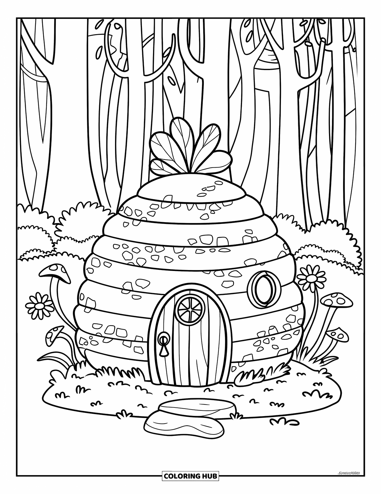 Feeënhuis Kleurplaat voor Kinderen: Een feeënhuis in de vorm van een bijenkorf, met een houten deur, paddenstoelen en een vlinder in de buurt