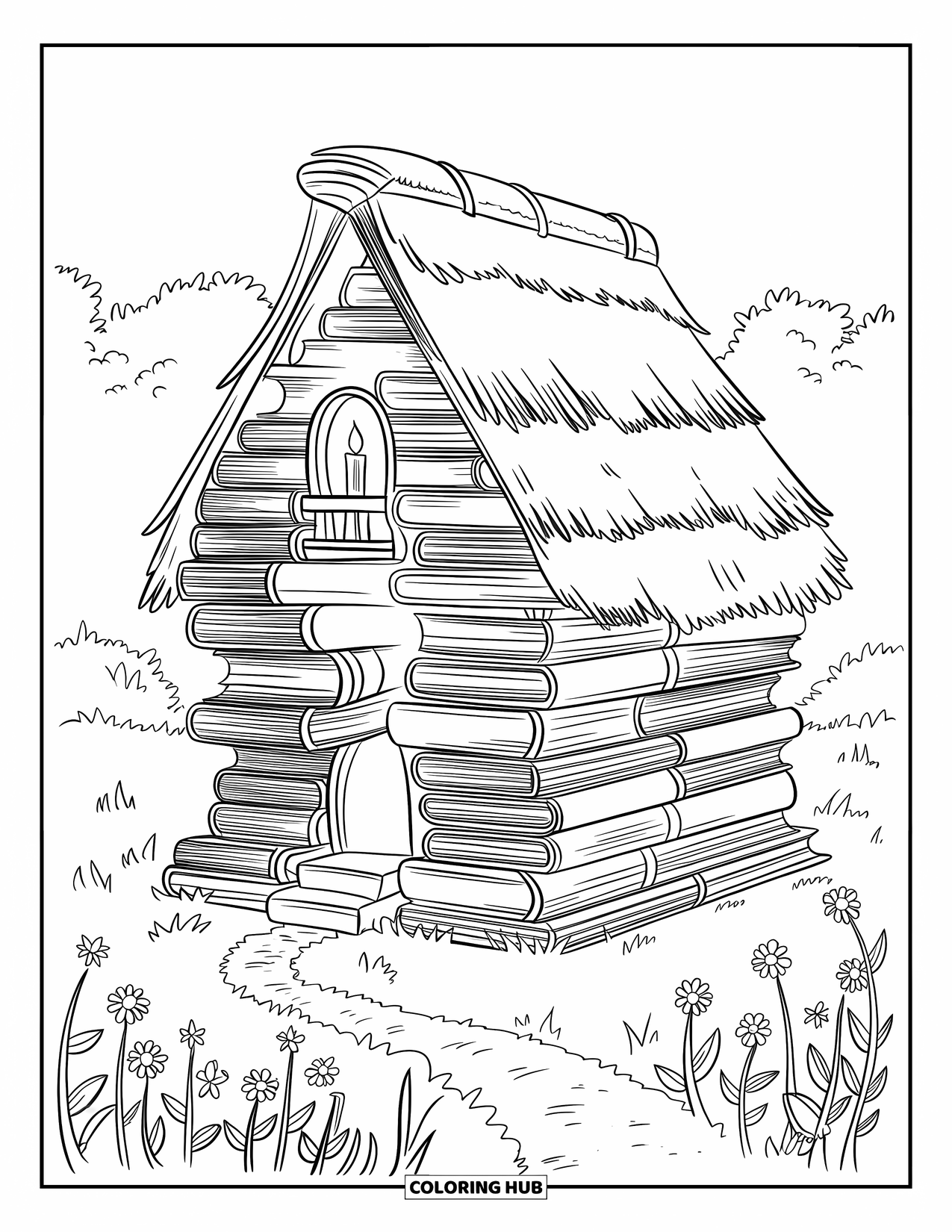 Feeënhuis Kleurplaat voor Kinderen: Een feeënhuis gebouwd van torenhoge stapels boeken, compleet met een klein balkon en zacht lantaarnlicht