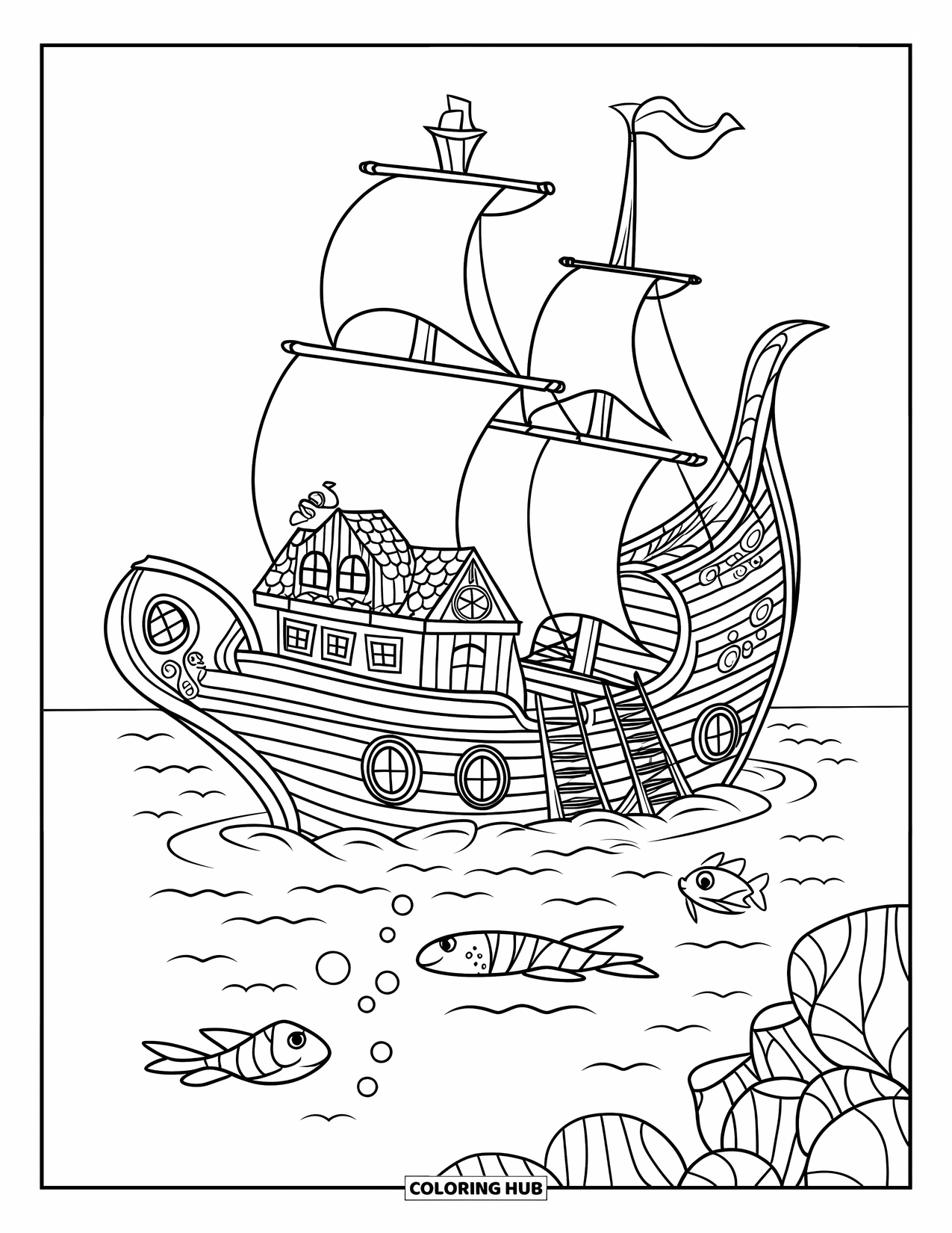 Feeënhuis Kleurplaat voor Kinderen: Een feeënhuis gebouwd in een schipbreuk, met kleine ladders, zeilen als daken en oceaanleven eronder