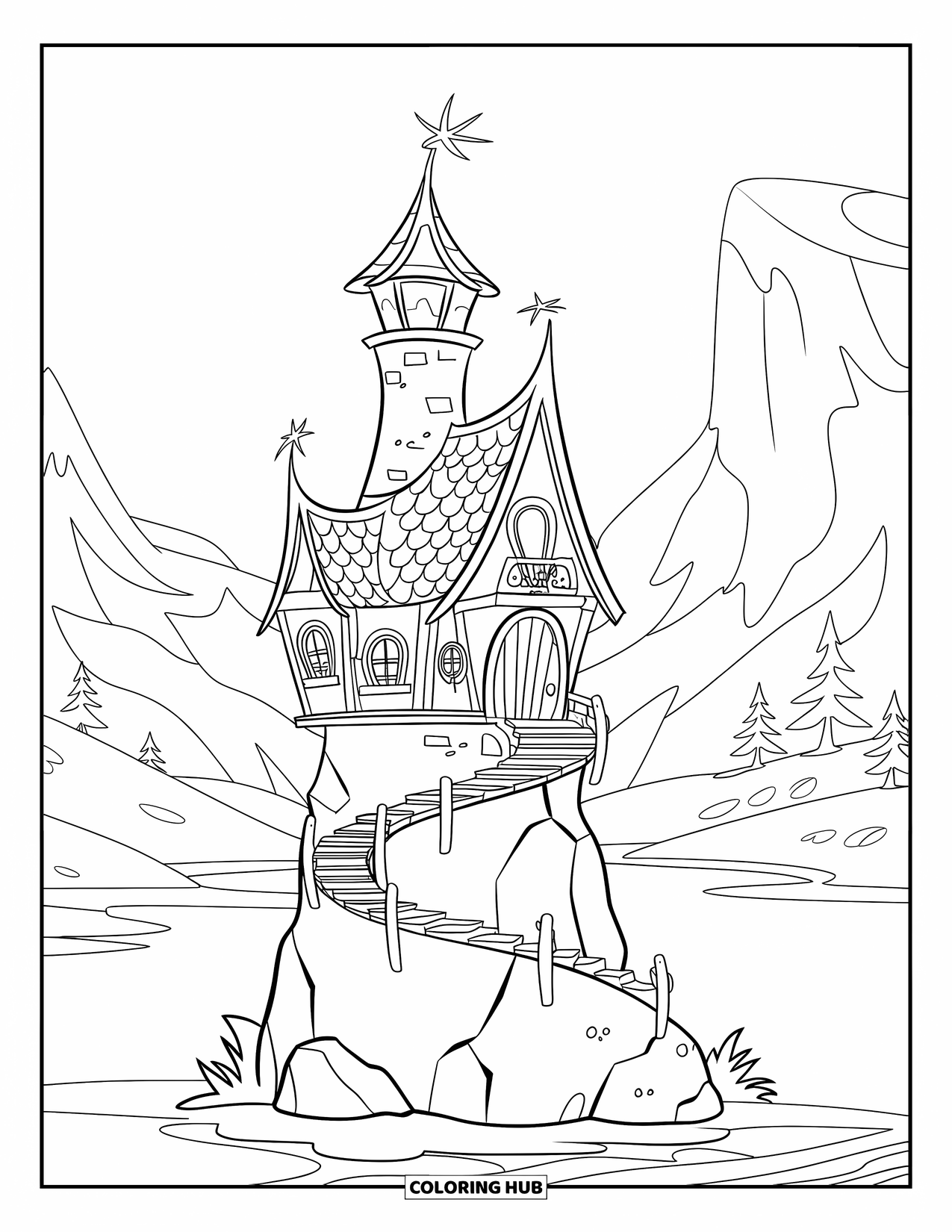 Feeënhuis Kleurplaat voor Kinderen: Een feeënhuis in een vuurtorenontwerp, gelegen op een rots, met een sterrenhemel erachter