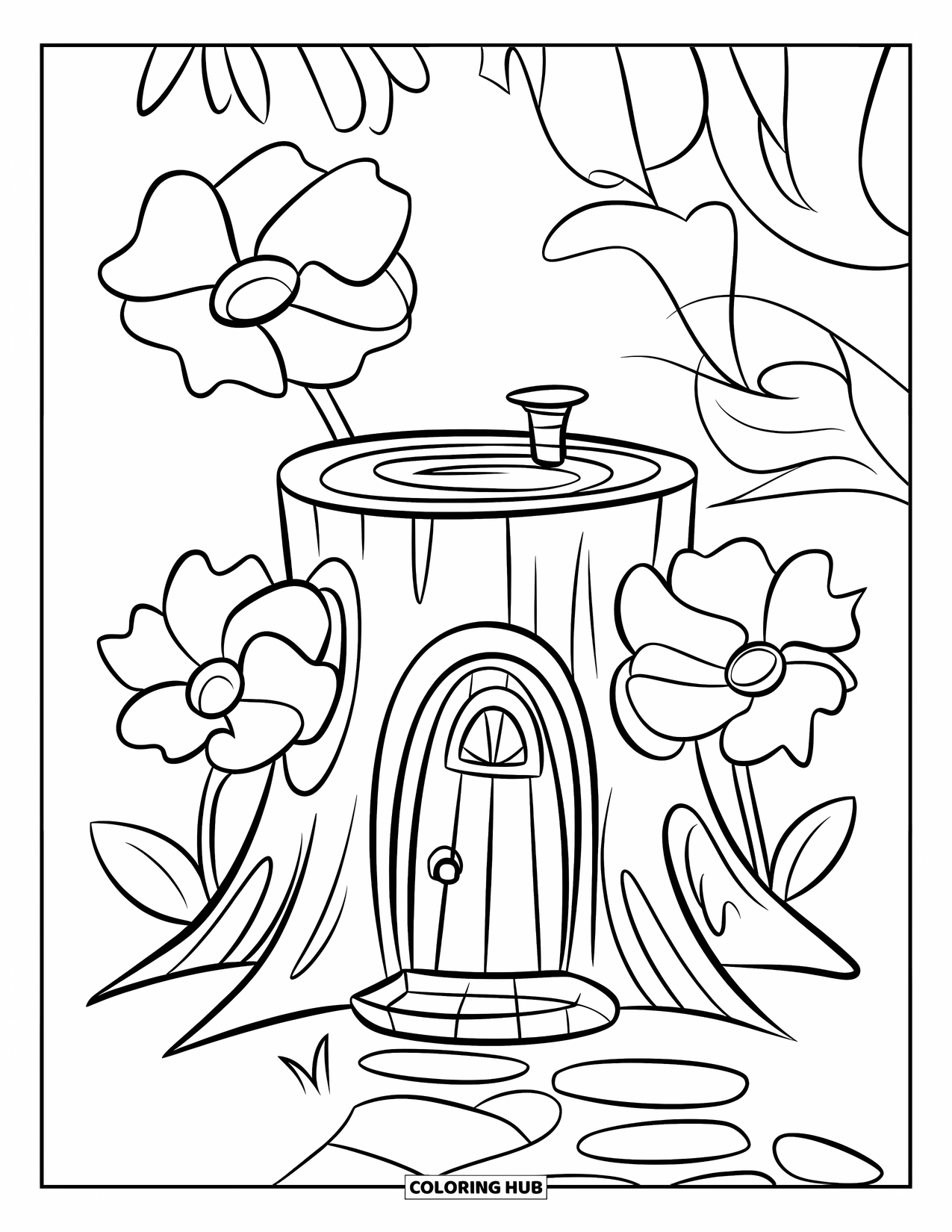 Feeënhuis Kleurplaat voor Kinderen: Een feeënhuis in een boomstronk, omringd door grote bloemen en een klein stenen pad