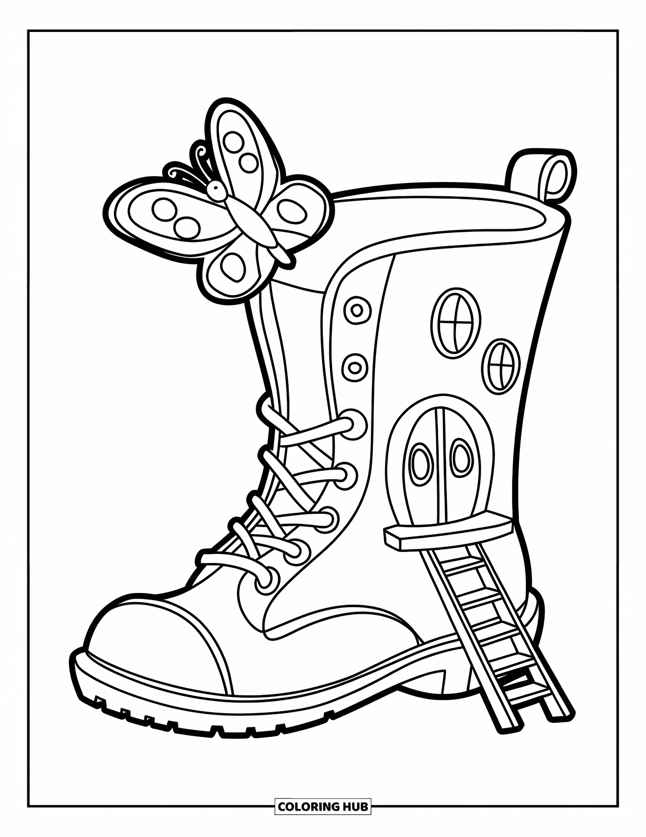 Feeënhuis Kleurplaat voor Kinderen: Een feeënhuis in de vorm van een laars met een ladder bij de ingang en een vlinder op het dak