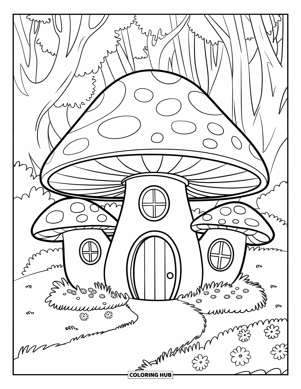 Feeënhuis Kleurplaat voor Kinderen: Een feeënhuis in de vorm van een gigantische paddenstoel, rustend op een grasveld omringd door bloemen