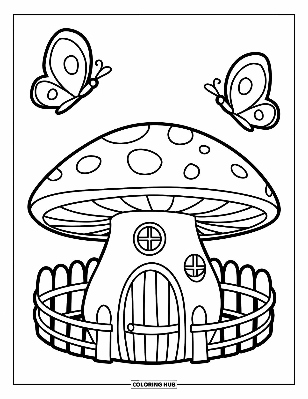 Feeënhuis Kleurplaat voor Kinderen: Een feeënhuis in de vorm van een paddenstoel, met een gebogen dak, een hek en fladderende vlinders